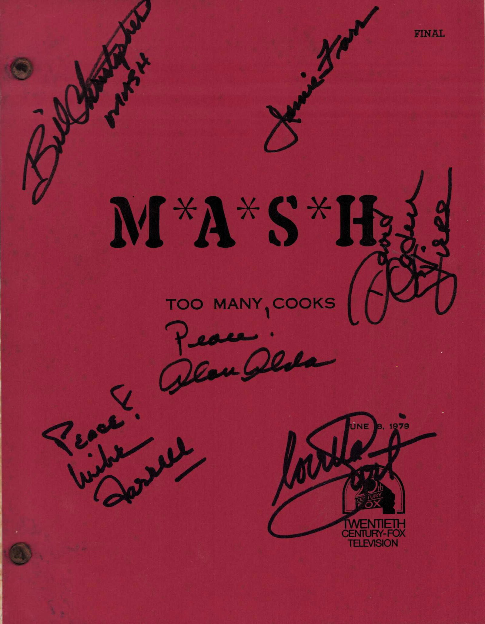 MASH cast signed script: An original set used MASH script signed by Alan Alda Jamie Farr Loretta Swit Bill Christopher Mike Farrell and the very rare David Ogden Stiers Certificate of AuthenticityEVERY item in this auction co