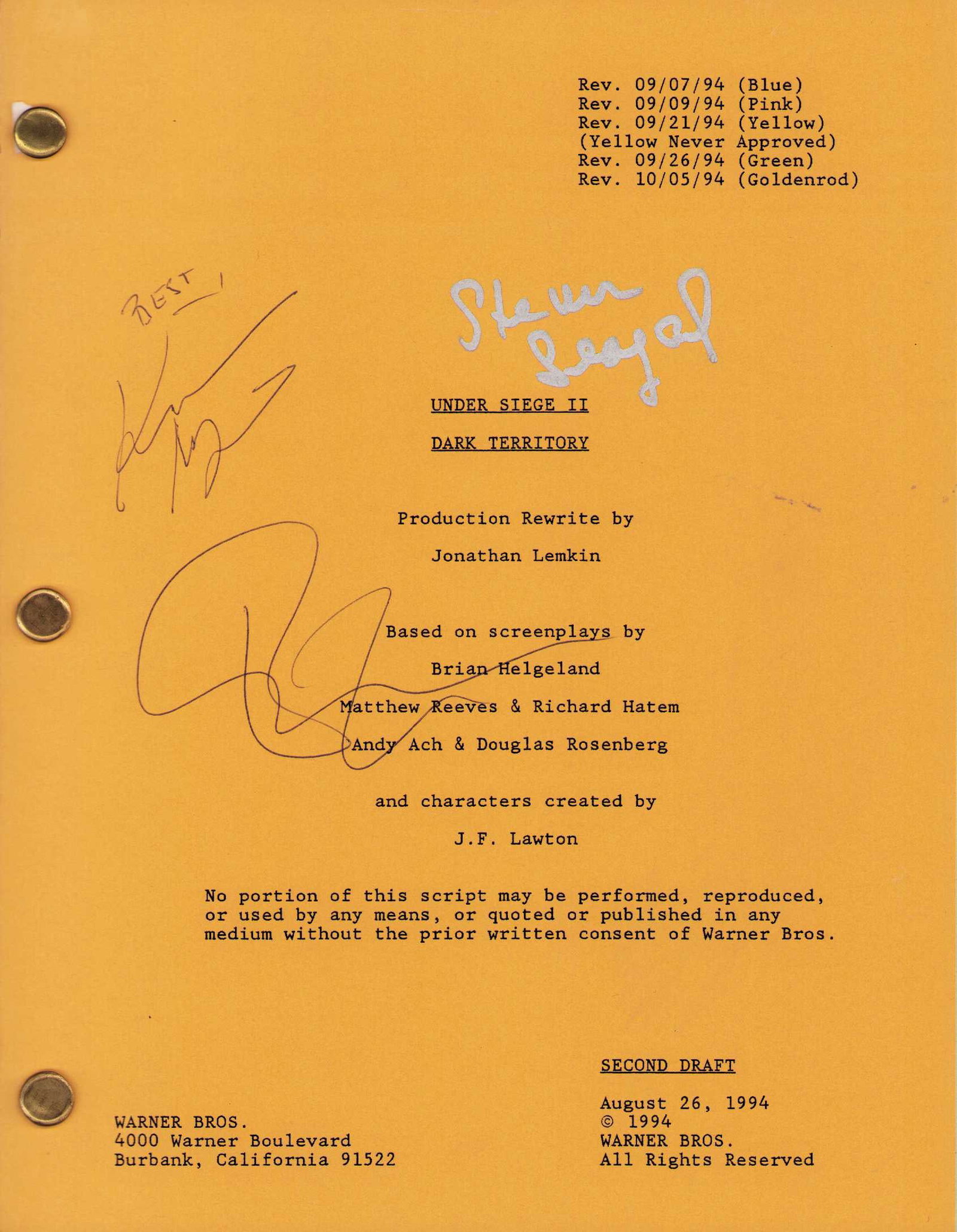 Under Siege 2 original set used cast signed script: Steven Seagal Katharine Heigl and Eric Bogosian signed on original set used script to the sequel to Under Siege Certificate of AuthenticityEVERY item in this auction comes with at minimum one fully il