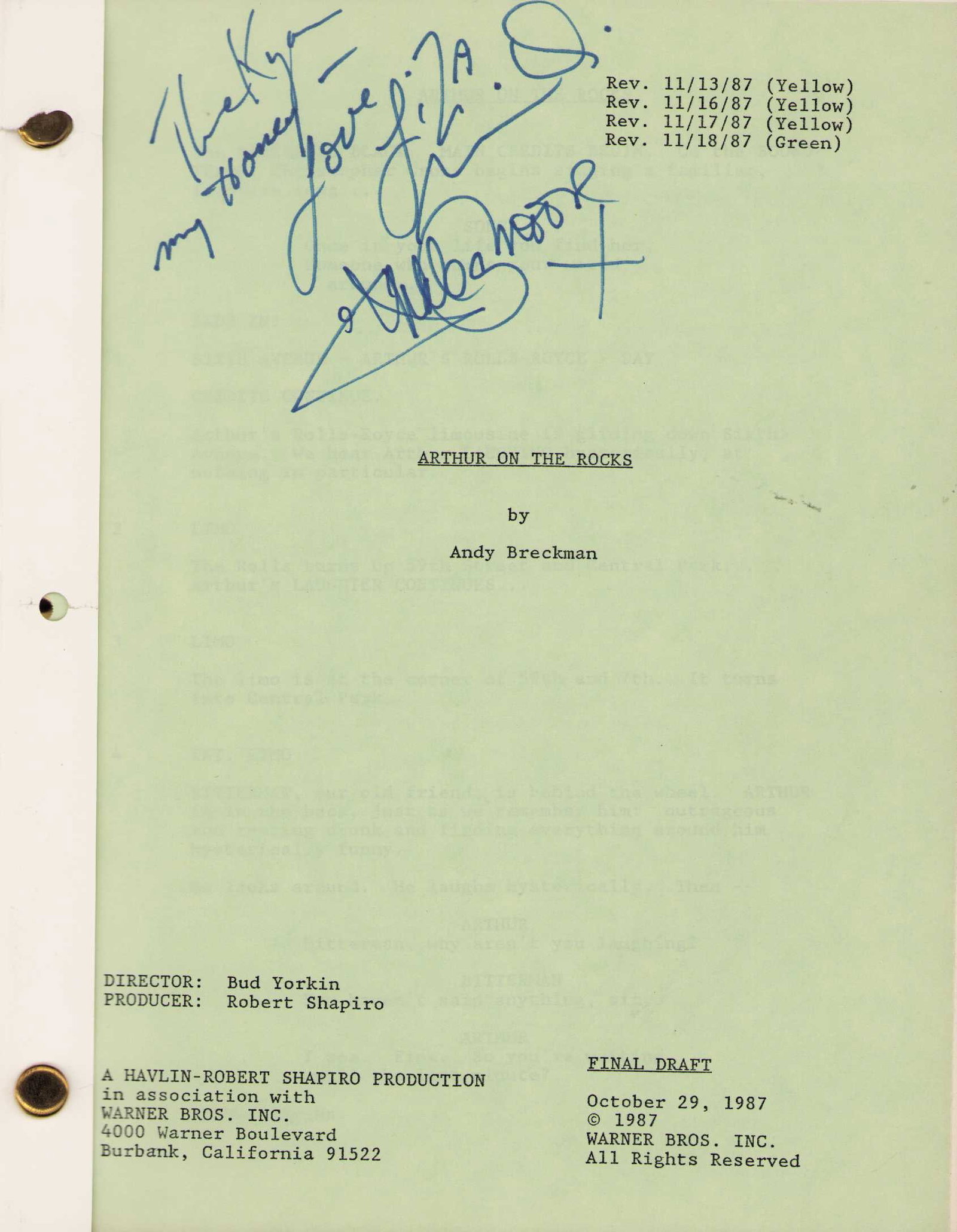 Arthur II set used cast signed script: A set used script signed by both stars Dudley Moore and Liza Minelli perhaps one of a kind Certificate of AuthenticityEVERY item in this auction comes with at minimum one fully illustrated and serial