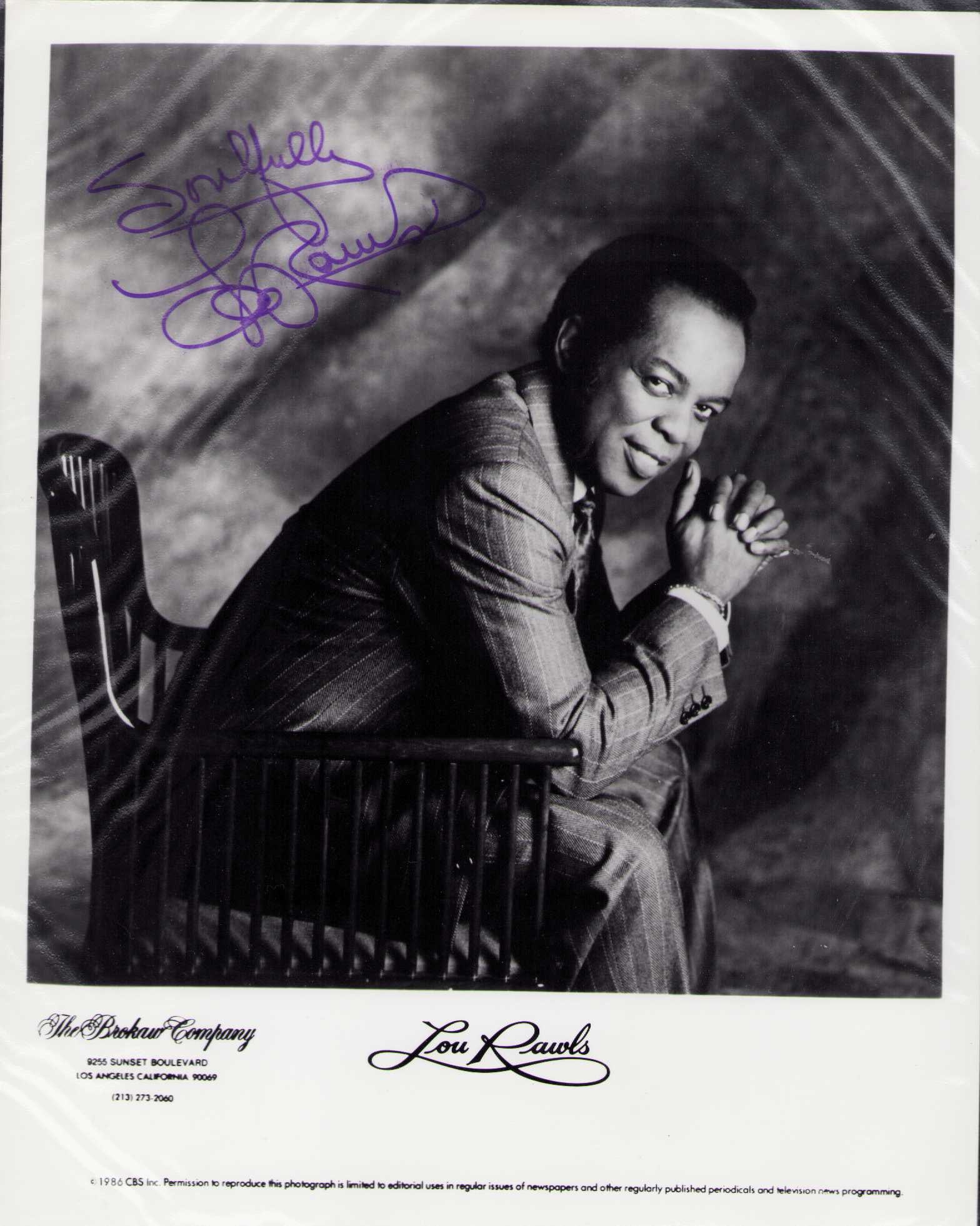 Lou Rawls signed photograph: A vintage signed 8x10 of the deceased music legend Certificate of AuthenticityEVERY item in this auction comes with at minimum one fully illustrated and serial numbered COA signed by the worlds leadin