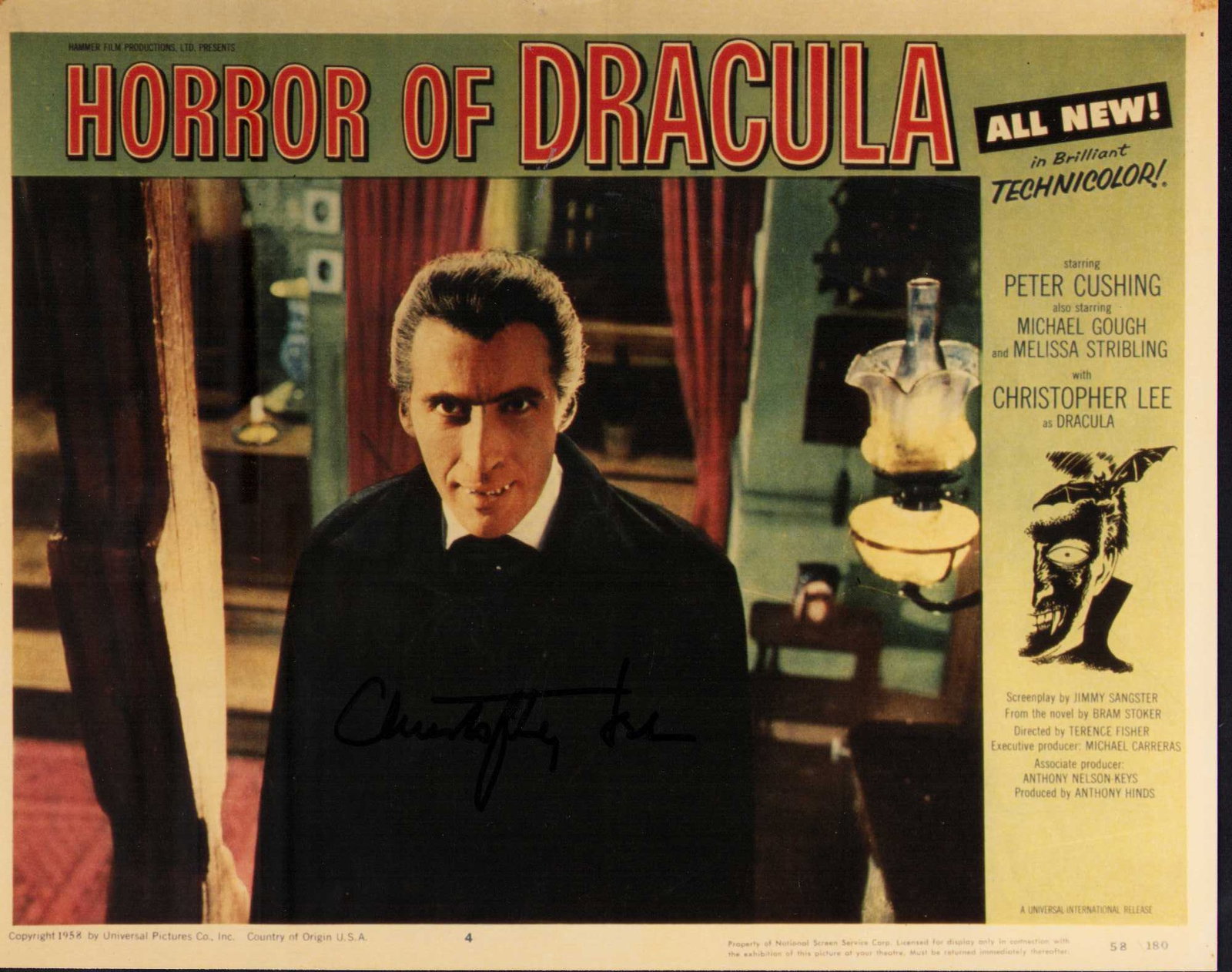 Christopher Lee signed Dracula photograph B: A vintage Dracula signed still by the legendary horror star Lee Certificate of AuthenticityEVERY item in this auction comes with at minimum one fully illustrated and serial numbered COA signed by the