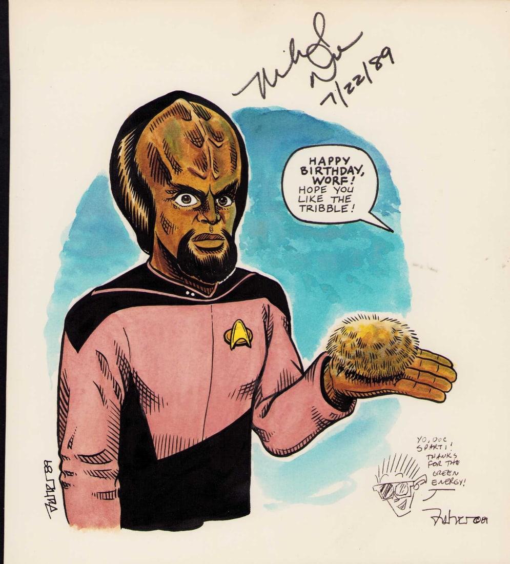 Original art signed by Michael Dorn Star Trek: An original sketch hand colored on board by artist Fisher dated 1989 it shows Worf with a tribble then Michae Dorn who played Worf ALSO signed and dated it 1989 for a doctor fan an ovcious one of a ki