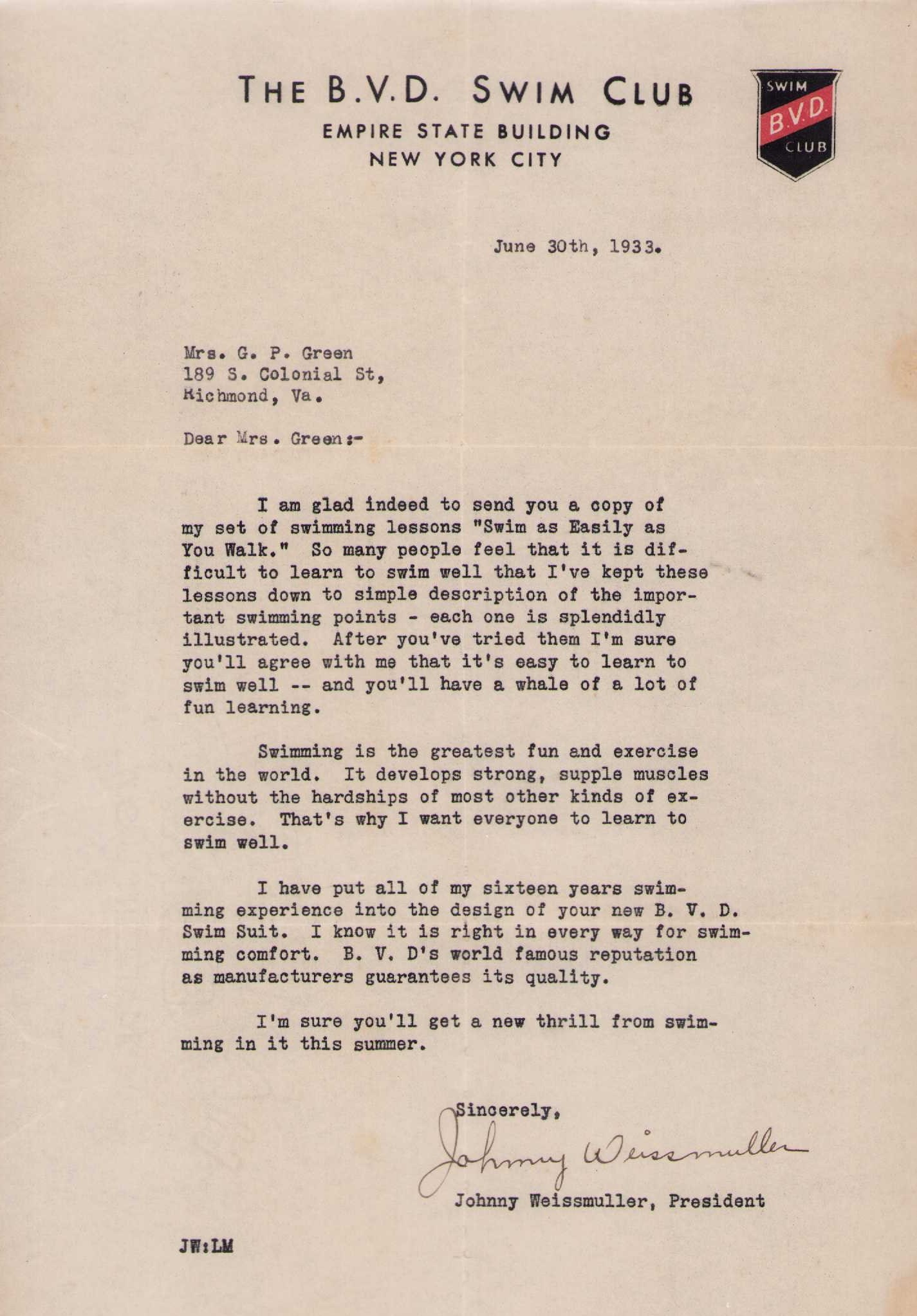 Johnny Weismueller letter signed Tarzan: A nice letter signed by past Olympiad and Tarzan star Johnny Weismueller Certificate of AuthenticityEVERY item in this auction comes with at minimum one fully illustrated and serial numbered COA