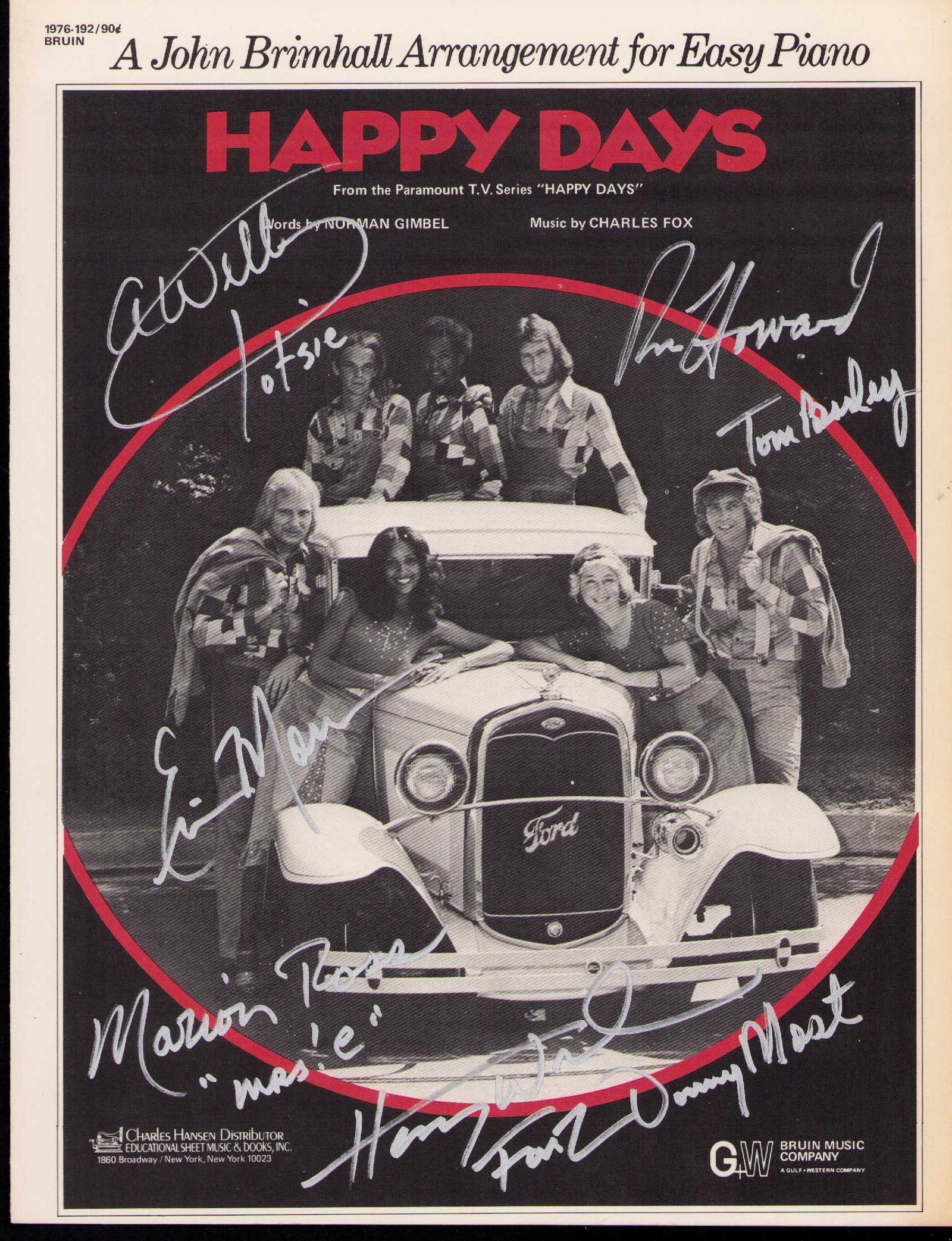 Happy Days cast signed sheet music rare: RARE sheet music for the theme song to the show Happy Days signed by ALL of the cast Bosley Moran Ross Howard Most Winkler and Williams Certificate of AuthenticityEVERY item in this auction comes