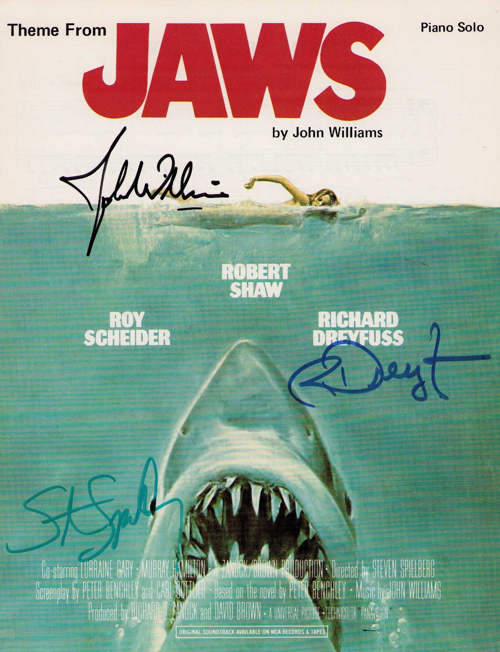 Jaws cast signed sheet music rare: Rare sheet music to the theme from JAWS signed by Richard Dreyfuss Steven Spileberg and composer John Williams Certificate of AuthenticityEVERY item in this auction comes with at minimum one fully