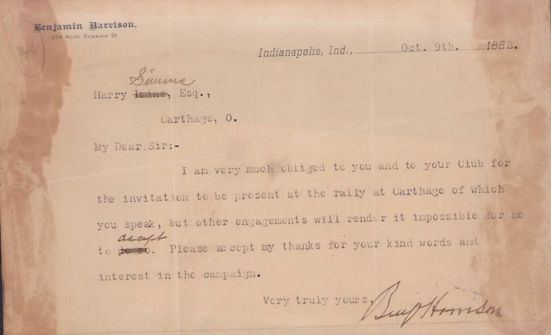 Benjamin Harrison signed document: Past President of the United states signed by Harrison 1888 dated signed letter Certificate of AuthenticityEVERY item in this auction comes with at minimum one fully illustrated and serial numbered