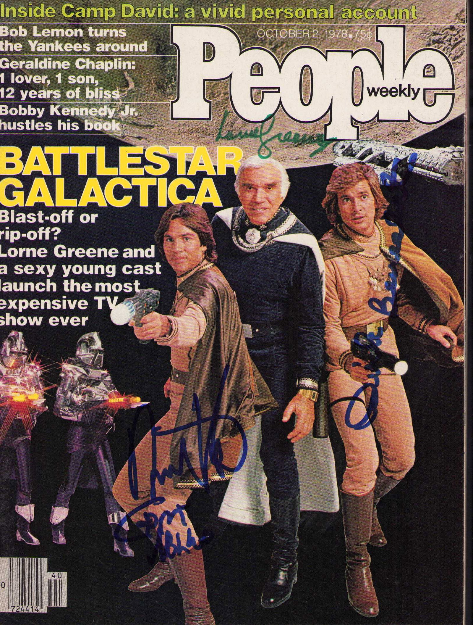 Battlestar Galactica cast signed People magazine: A People magazine with the cast on the cover signed by Lorne Greene, Dirk Benedict and Richard Hatch the cast Certificate of AuthenticityEVERY item in this auction comes with at minimum one fully