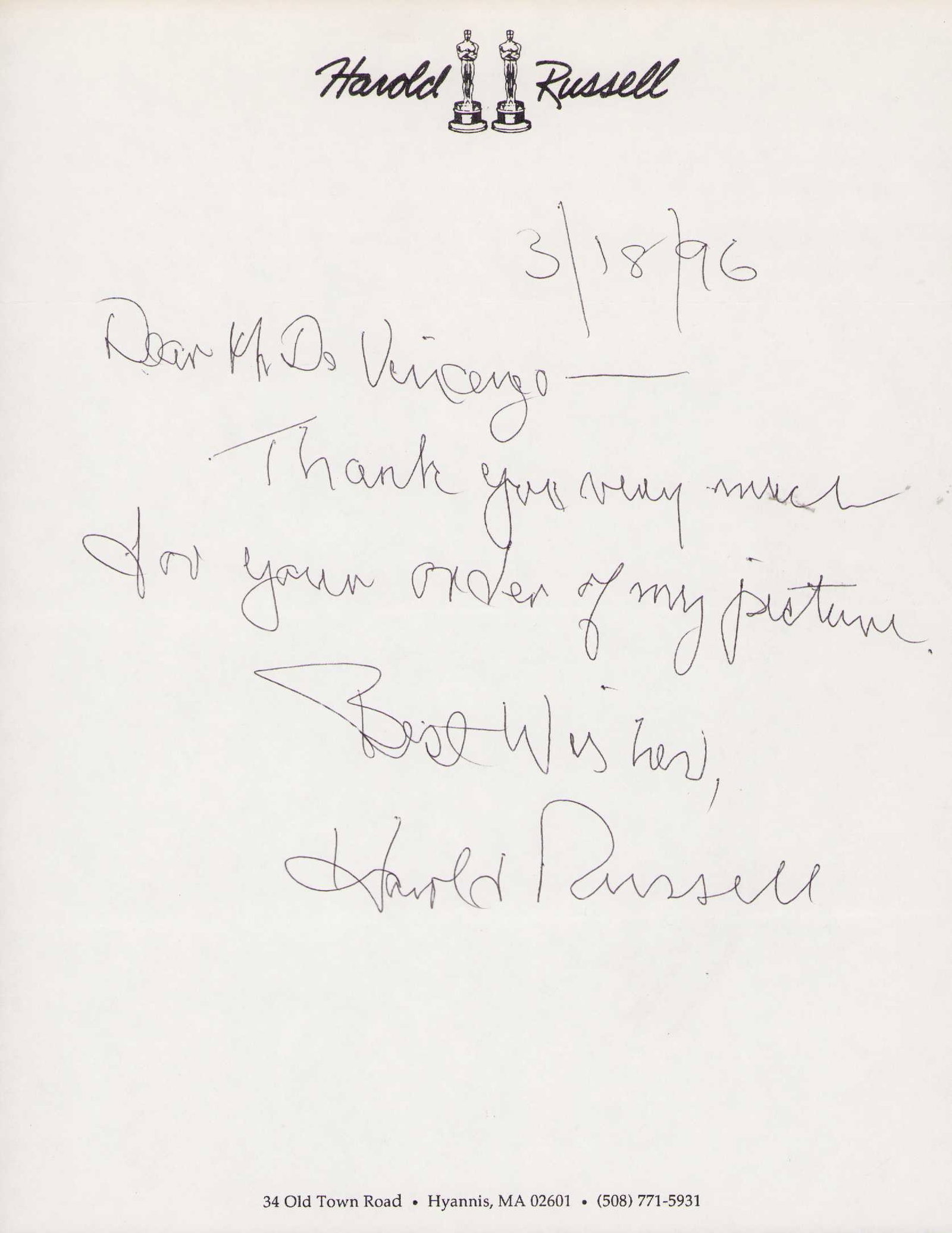 Harold Russell signed letter: A rare letter signed by the WWII legend and actor Certificate of AuthenticityEVERY item in this auction comes with at minimum one fully illustrated and serial numbered COA signed by the worlds