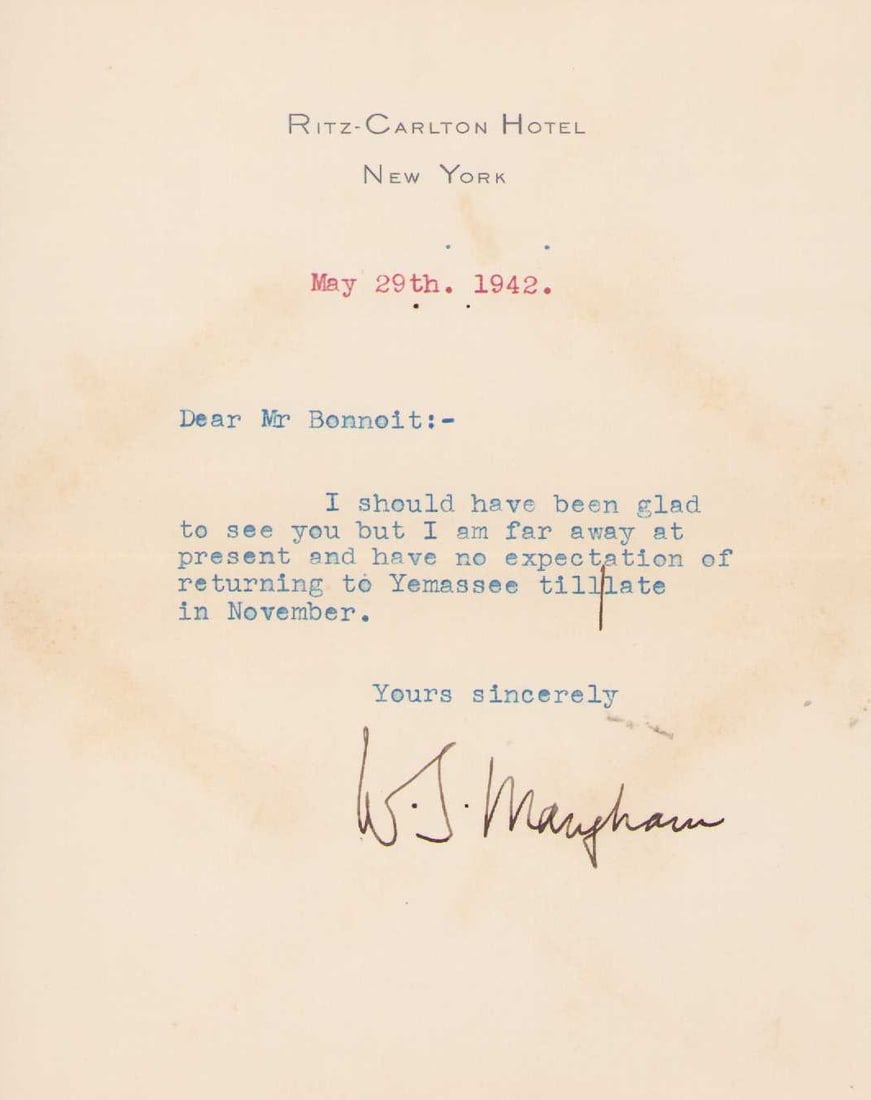 W Somerset Maugham letter rare: A RARE letter signed by the noted author on his stationary Certificate of AuthenticityEVERY item in this auction comes with at minimum one fully illustrated and serial numbered COA signed by the