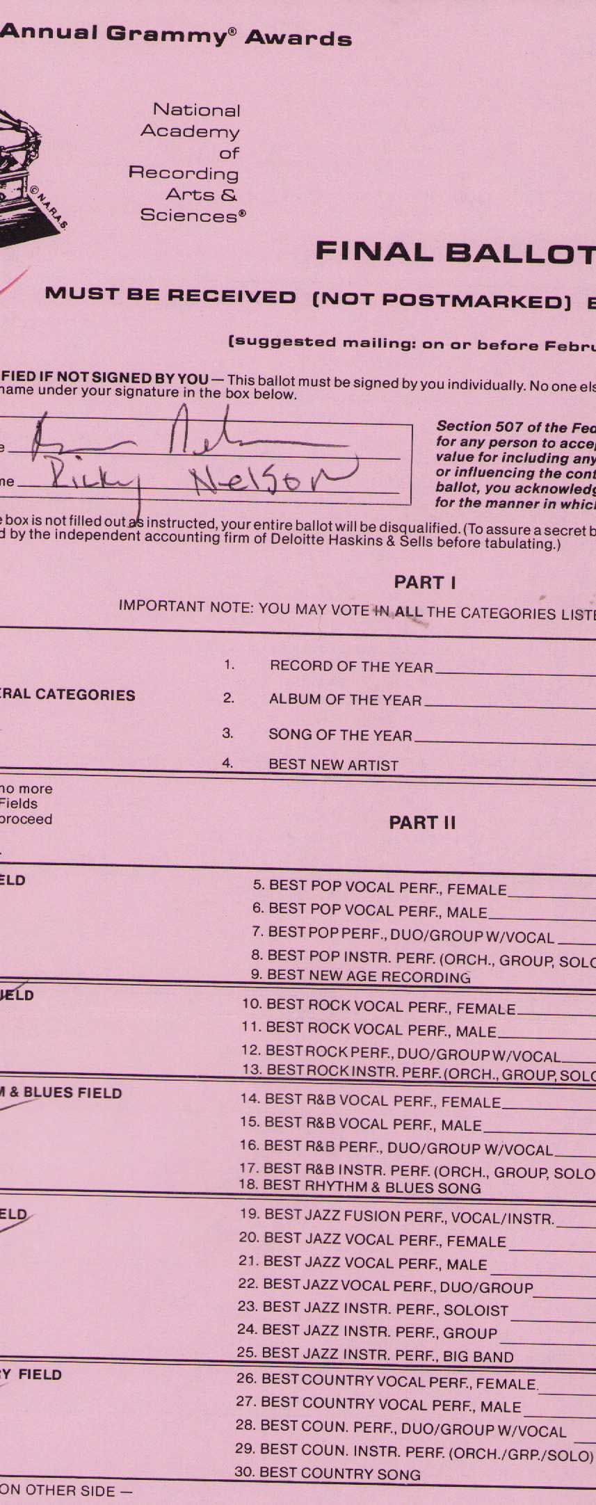 Ricky Nelson signed Grammy Ballot (1 of 1)