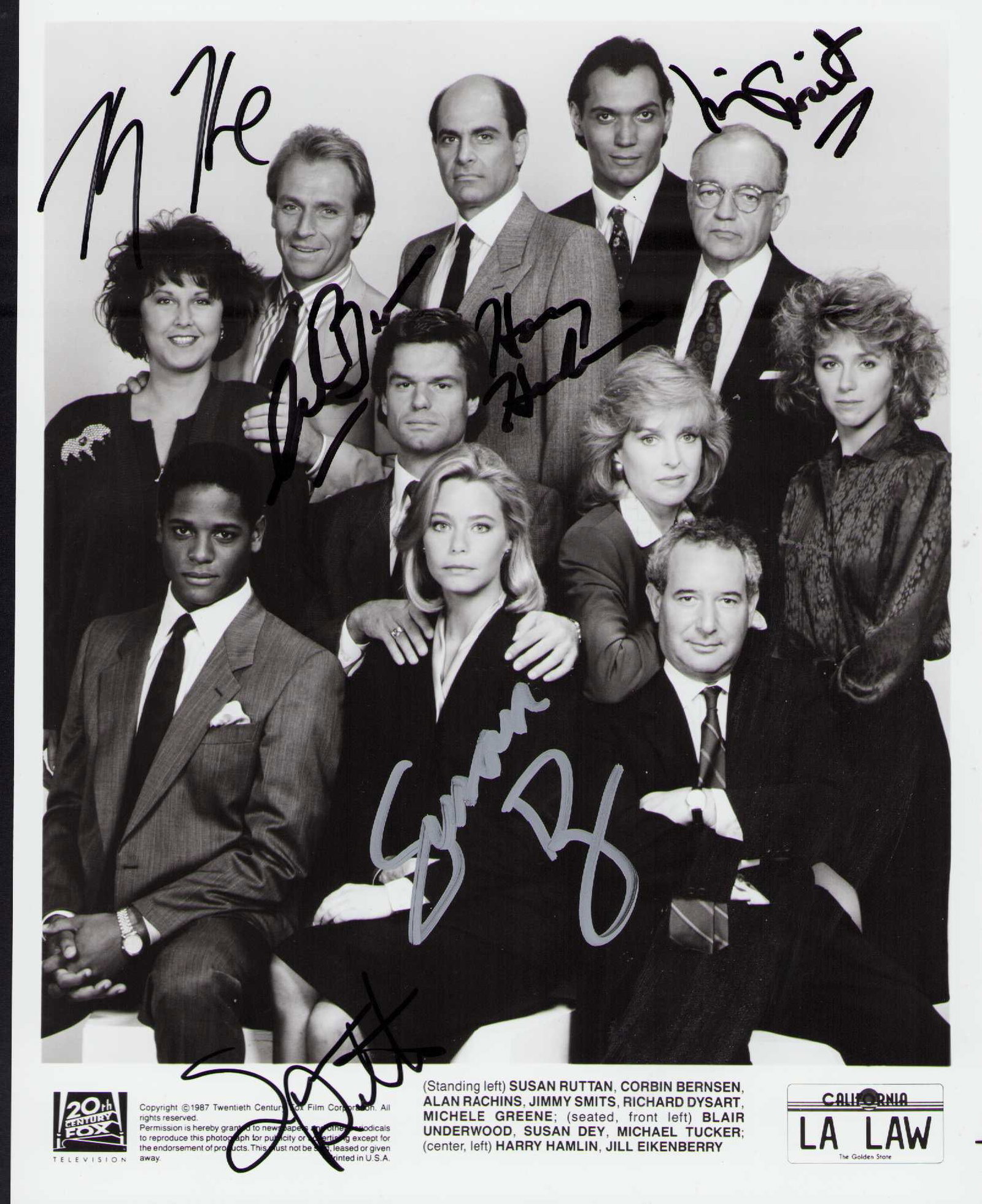 LA Law cast signed photograph: A bw vintage cast photograph signed by Corben Bernsen Susan Dey Jimmy Smitts Susan Ruttan Harry Hamlin and one othr star of the hit series Certificate of AuthenticityEVERY item in this auction comes w