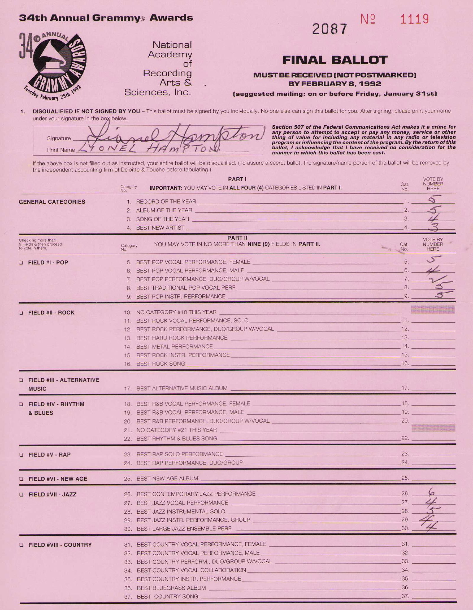 Lionel Hampton rare Grammy ballot signed: A rare Grammy voting ballot signed and filled out by the music legend Certificate of AuthenticityEVERY item in this auction comes with at minimum one fully illustrated and serial numbered COA signed b