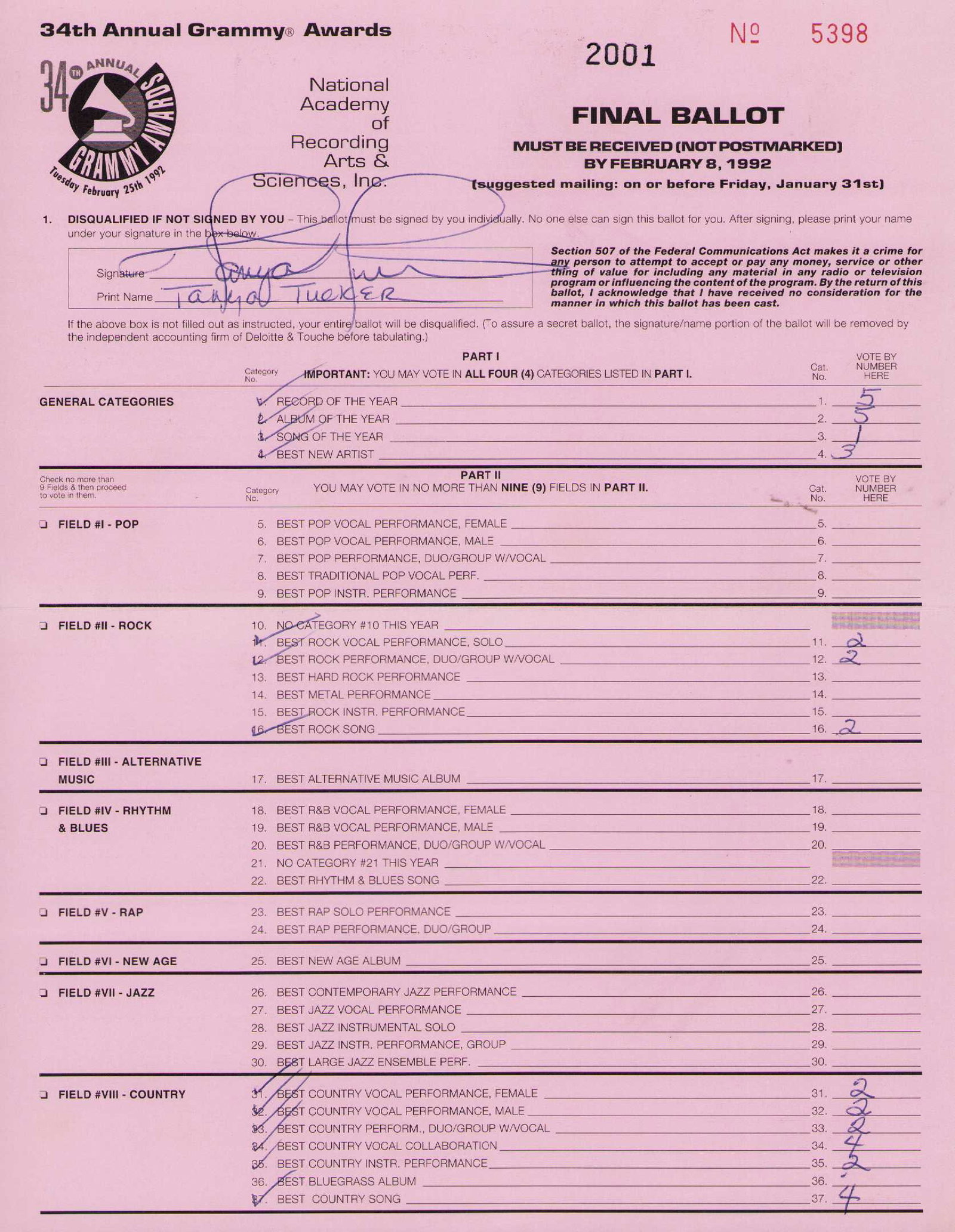 Tanya Tucker rare Grammy ballot signed: A rare Grammy ballot signed and filled out by the music legend Certificate of AuthenticityEVERY item in this auction comes with at minimum one fully illustrated and serial numbered COA signed by the w
