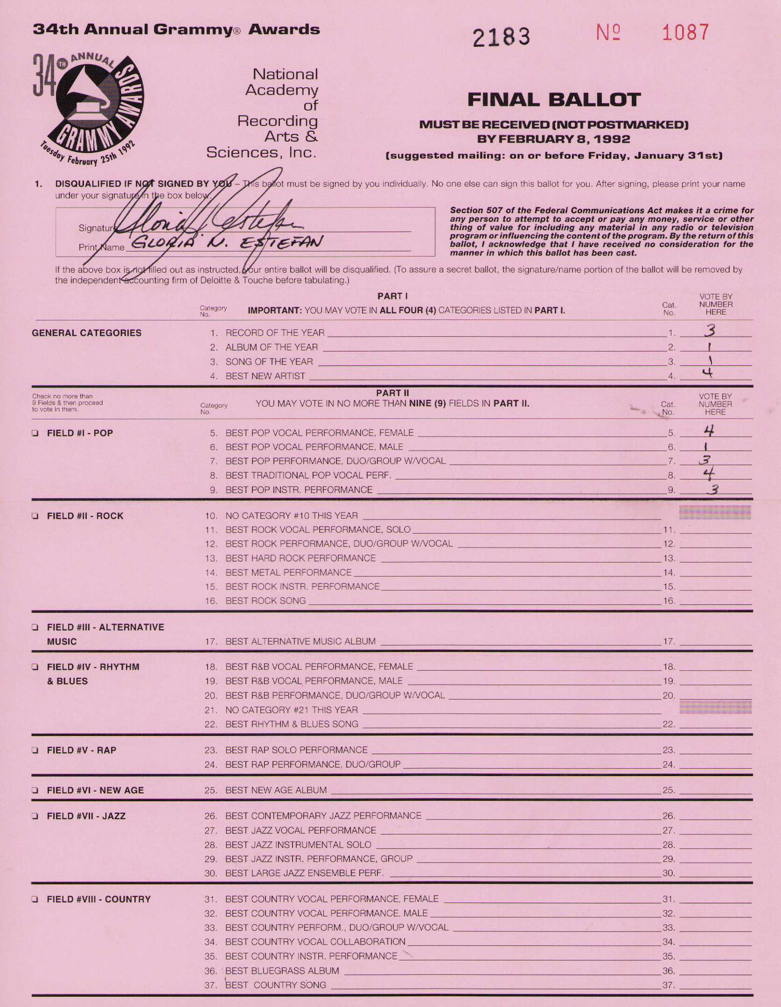 Gloria Estefan rare Grammy ballot signed: A rare Grammy ballot signed and filled out by the music legend Certificate of AuthenticityEVERY item in this auction comes with at minimum one fully illustrated and serial numbered COA signed by the w