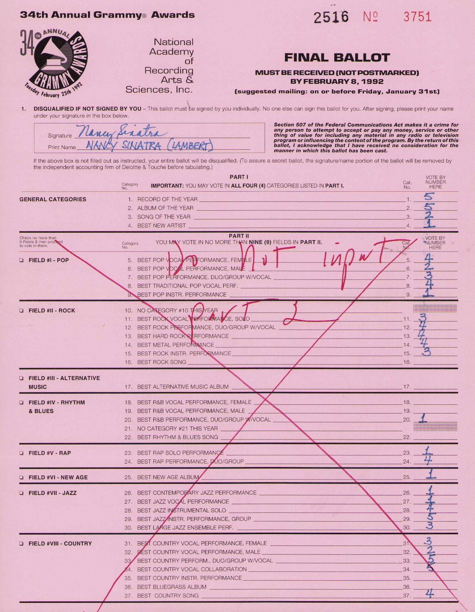 Nancy Sinatra rare Grammy Ballot signed: A rare Grammy ballot signed and filled out by the music legend Certificate of AuthenticityEVERY item in this auction comes with at minimum one fully illustrated and serial numbered COA signed by the w