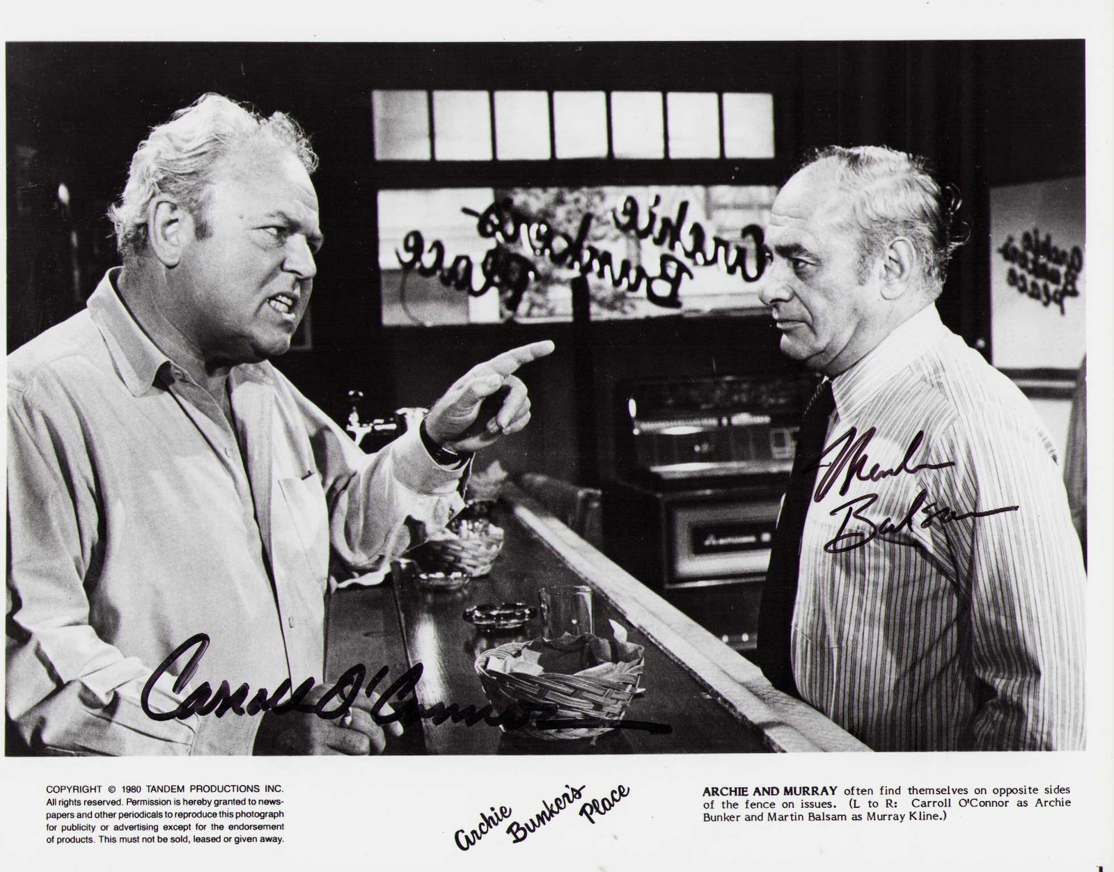 Carroll O'Connor and Martin Balsam signed photograph: An Archies Place original still the spin off from All in the Family signed by Carroll O'Connor and Martin Balsam (Pscyho fame) Certificate of AuthenticityEVERY item in this auction comes with at minim