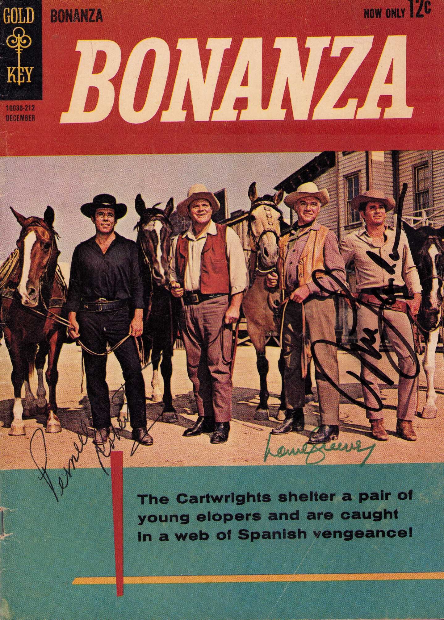 Bonanza rare cast signed comic book: A rare Bonanza complete comic book in wonderful condition as shown signed by stars Michael Landon Lorne Greene and rare signer Pernell Roberts Certificate of AuthenticityEVERY item in this auction com