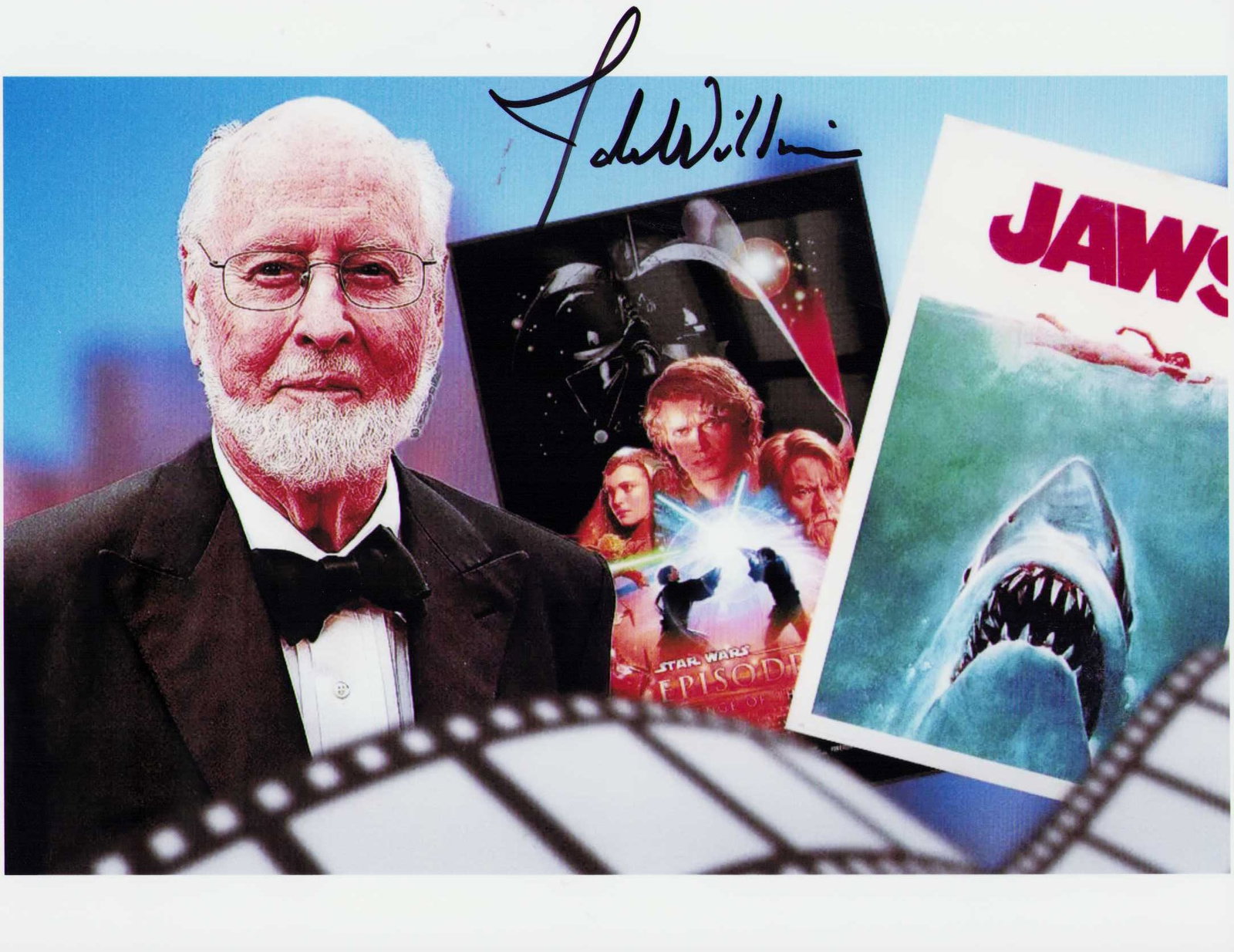 John Williams rare signed photograph: A rare signed composite shot of a just a few of his legendary compositions Harry Potter Star Wars Jaws etc Certificate of AuthenticityEVERY item in this auction comes with at minimum one fully illustr