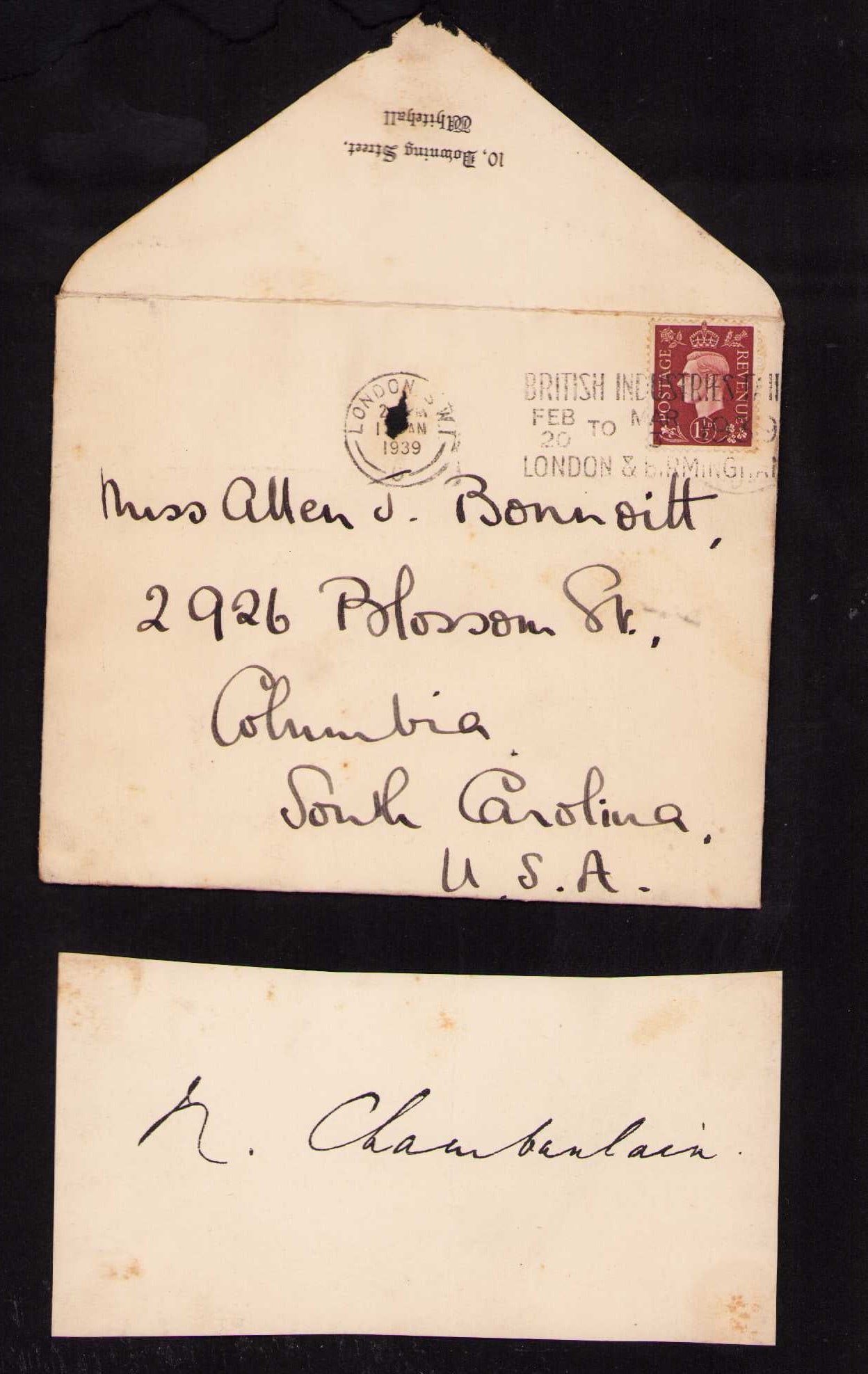 Neville Chamberlain rare signed note: The UK prime Minister who declared war on Germany and led the country the first eight months before Churchill in the war he died in 1940 never seeing the end of the great conflict Rare Certificate of 