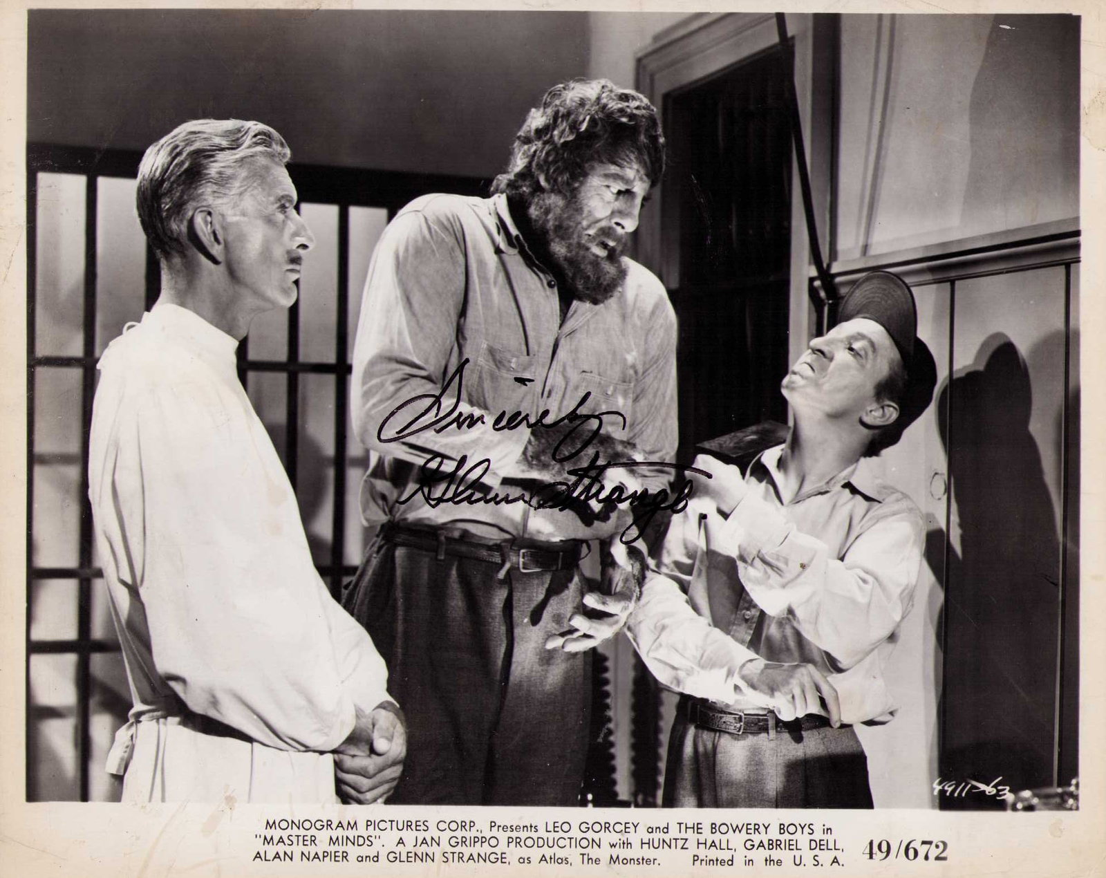 Glenn Strange signed photograph rare horror: Glenn Strange who played many key horror roles incl Frankenstein in films plays this character and signed this original 1949 still from Master Minds a Dead End Kid horror film Certificate of Authentic