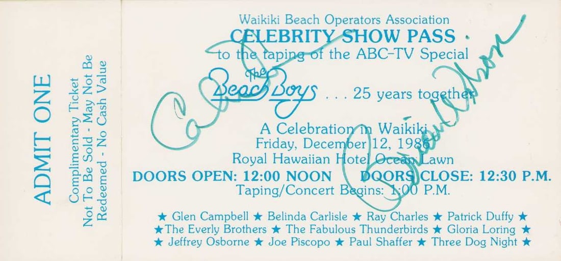 Rare Beach Boys signed concert ticket: A rare complete concert ticket signed by deceased Beach Boy Carl Wilson and Brian Wilson in fine felt tip marker vintage Certificate of AuthenticityEVERY item in this auction comes with at minimum one