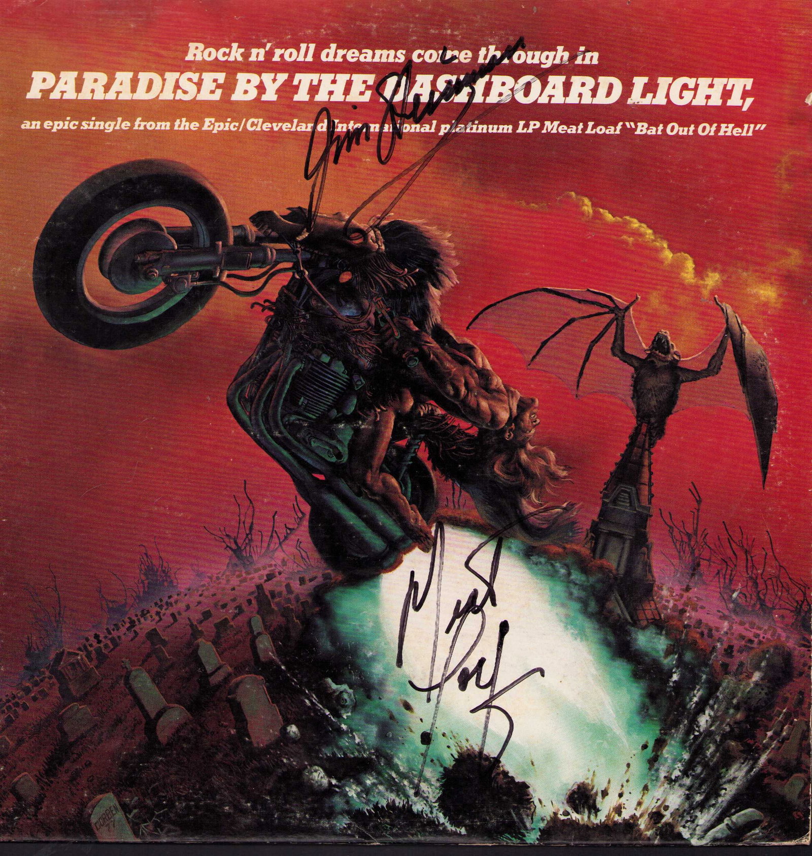 Bat Out of Hell Meatloaf AND Jim Steinman signed LP: THE classic LP Bat Out of Hell signed by deceased composer Jim Steinman RARE and singer Meatloaf both ! Certificate of AuthenticityEVERY item in this auction comes with at minimum one fully illustrate