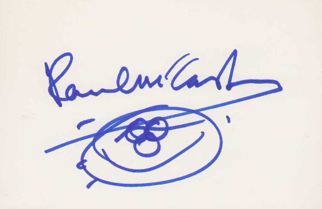 Paul McCartney signed sketched card: A rare larger card signed by McCartney in FULL with a cute sketch beneath his name Certificate of AuthenticityEVERY item in this auction comes with at minimum one fully illustrated and serial