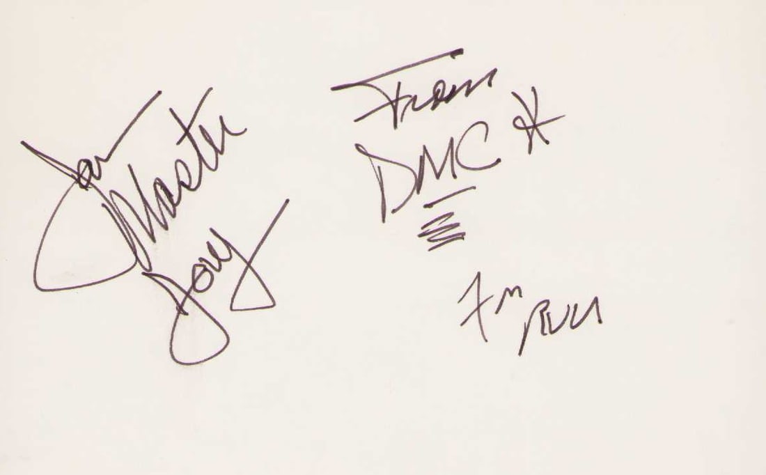 Run DMC signed card RARE: A RARE index card from prominent In person collector signed by the group RUN DMC all three members incl one deceased now for some years Certificate of AuthenticityEVERY item in this auction comes