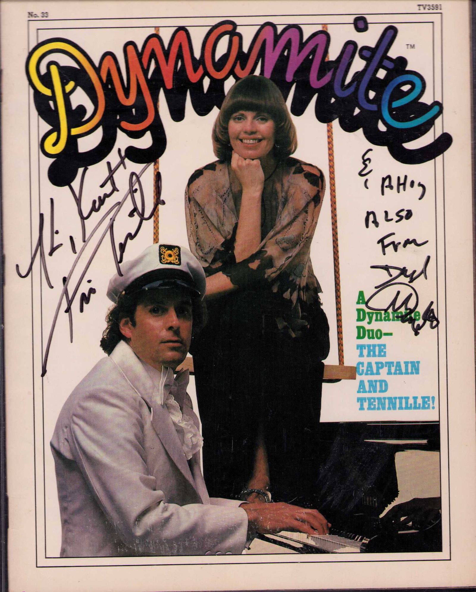 Captain and Tenneille signed Dynamite magazine: A Dynamite complete kids magazine signed by the Captain and Tennielle at the height of their fame Certificate of AuthenticityEVERY item in this auction comes with at minimum one fully illustrated and 