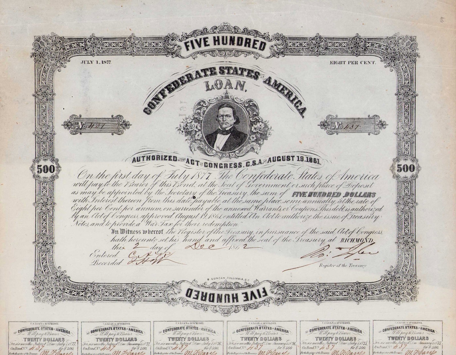 Confederate States of America Civil War bond with attached coupons: A rare 1864 Confederate War bond with many coupons still attached rare piece of history Certificate of AuthenticityEVERY item in this auction comes with at minimum one fully illustrated and serial num