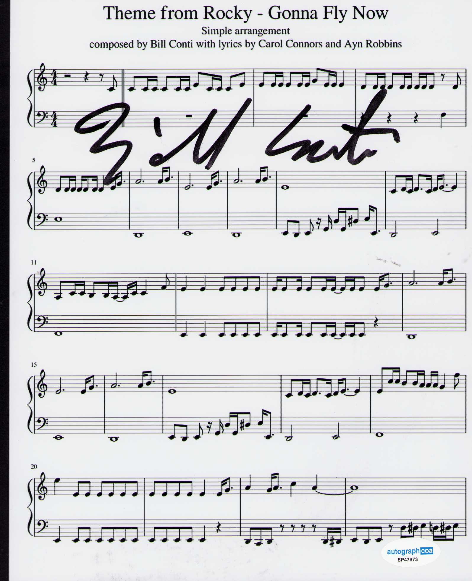 Bill Conti lyrics signed: Lyrics to the famed ROCKY theme song signed by composer Bill Conti Certificate of AuthenticityEVERY item in this auction comes with at minimum one fully illustrated and serial numbered COA signed by t