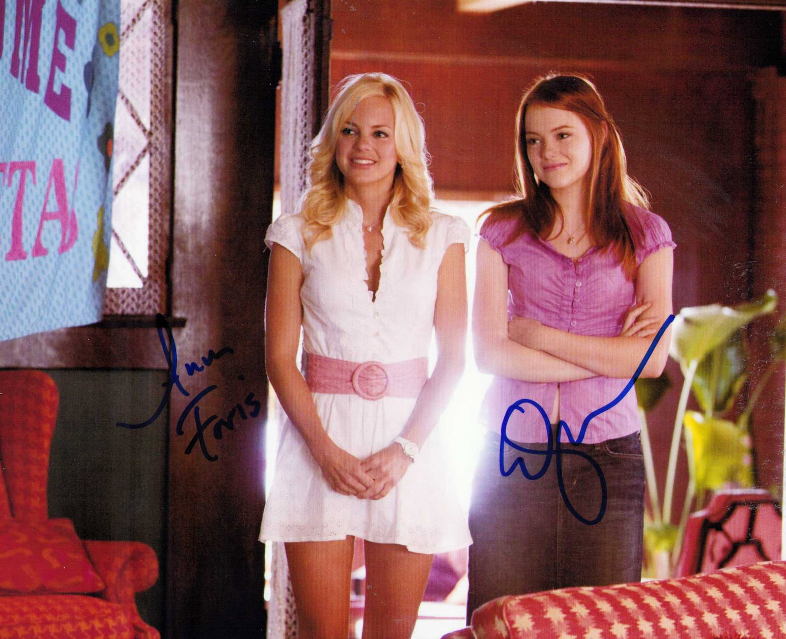 Anna Faris and Emma Stone signed photograph: A sexy scene from House Bunny signed by Anna Faris and Emma Stone Certificate of AuthenticityEVERY item in this auction comes with at minimum one fully illustrated and serial numbered COA signed by th