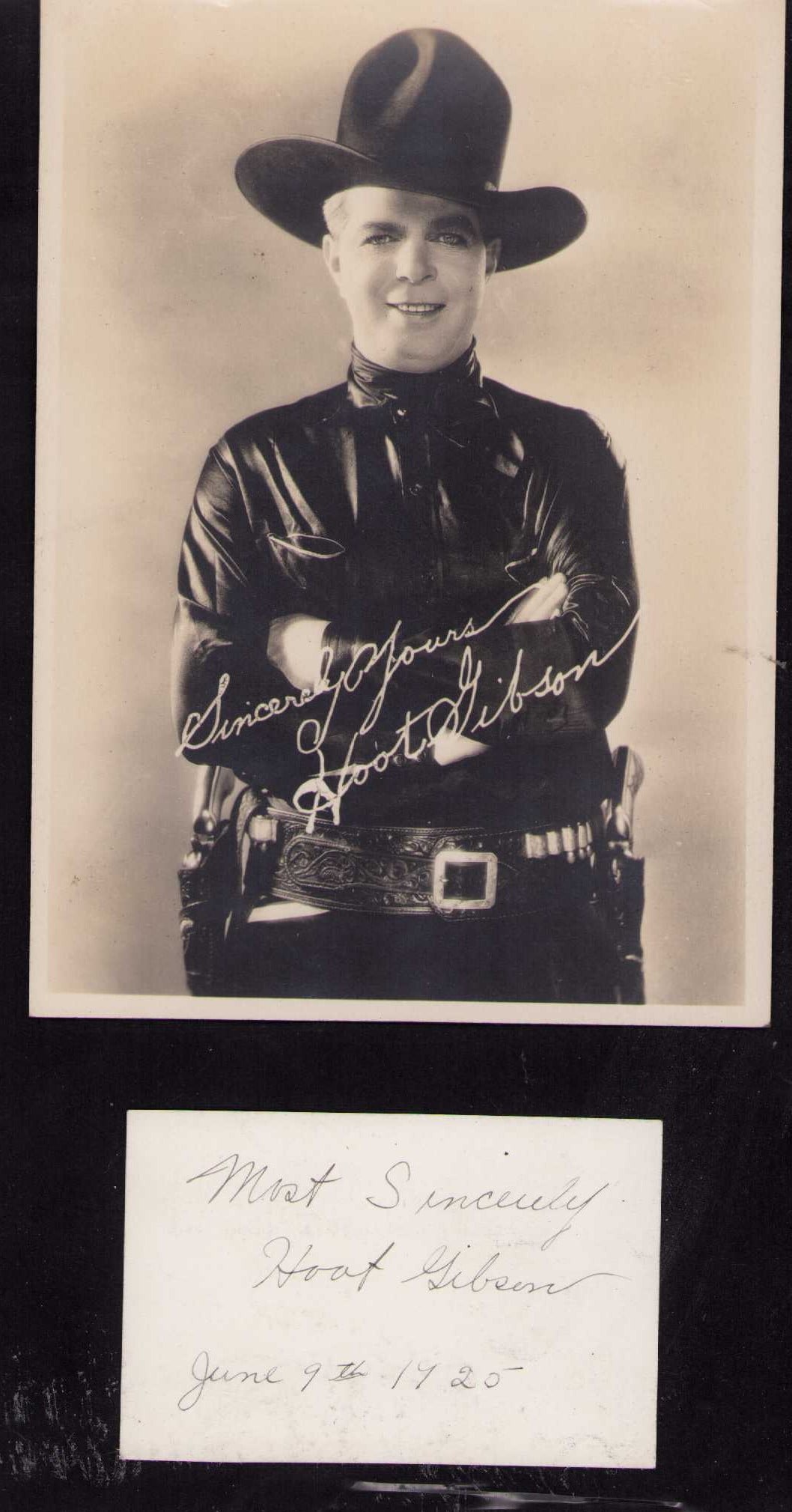 Hoot Gibson rare signature: A rare western star signature matted with vintage photo Certificate of AuthenticityEVERY item in this auction comes with at minimum one fully illustrated and serial numbered COA signed by the worlds
