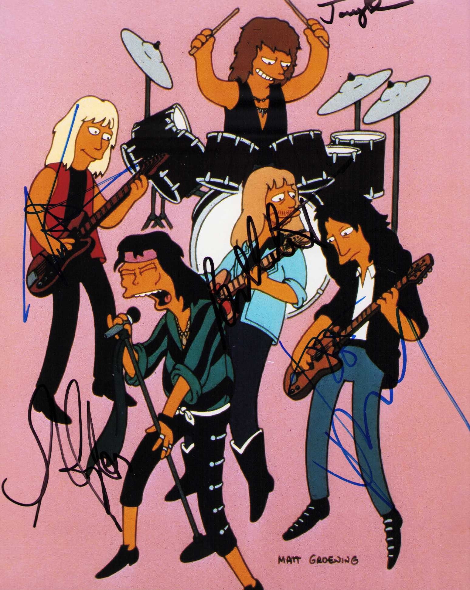 Aerosmith signed Simpsons photograph: A Simpsons 8x10 of Aerosmith from when they appeared on the show signed by the entire group Steven Tyler Joe Perry Joey Kramer and Brad Whitford Certificate of AuthenticityEVERY item in this auction c