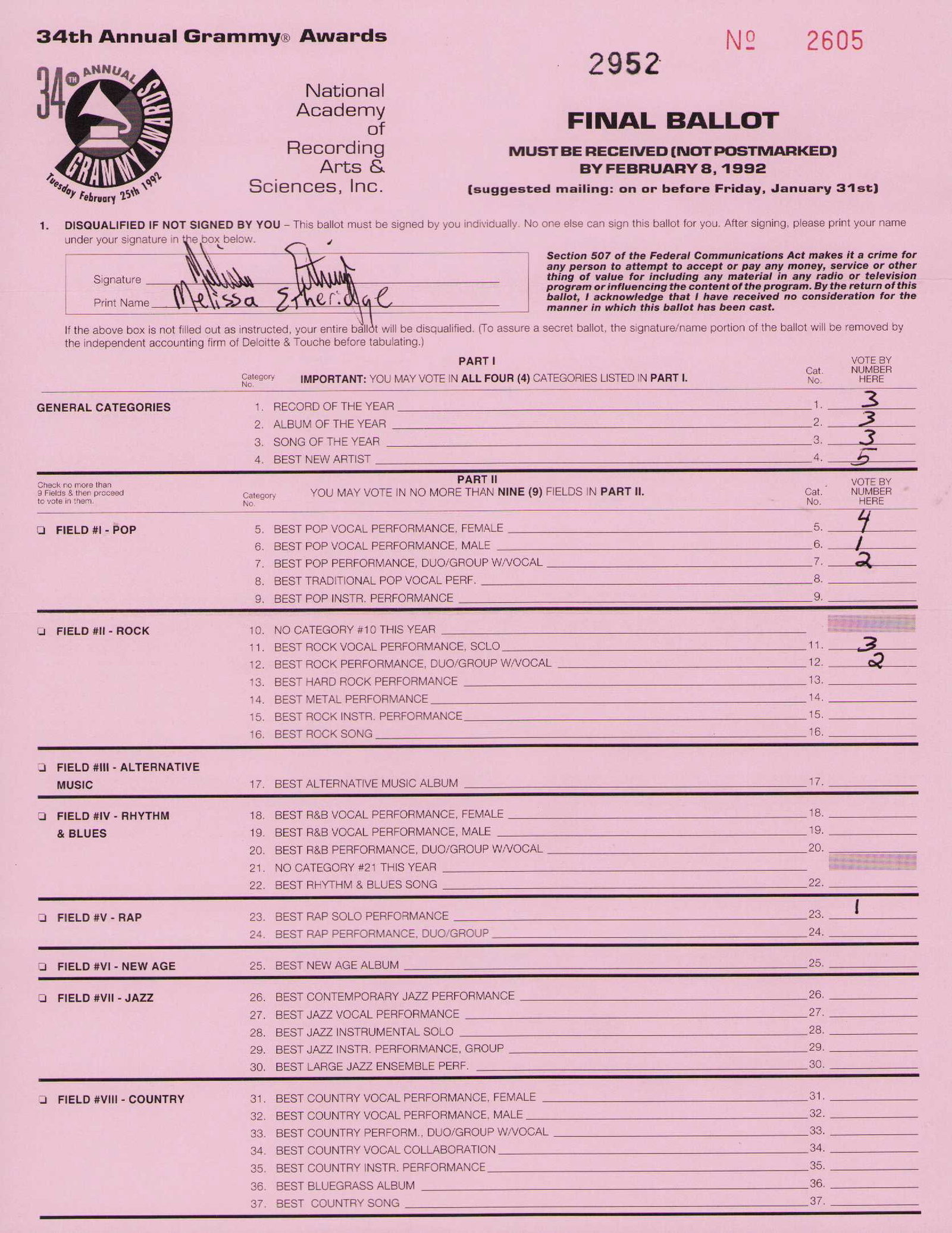 Melissa Etheridge signed rare Grammy Voting Ballot: A rare Grammy voting ballot signed by the legendary singer songwriter Melissa Etheridge Certificate of AuthenticityEVERY item in this auction comes with at minimum one fully illustrated and serial num