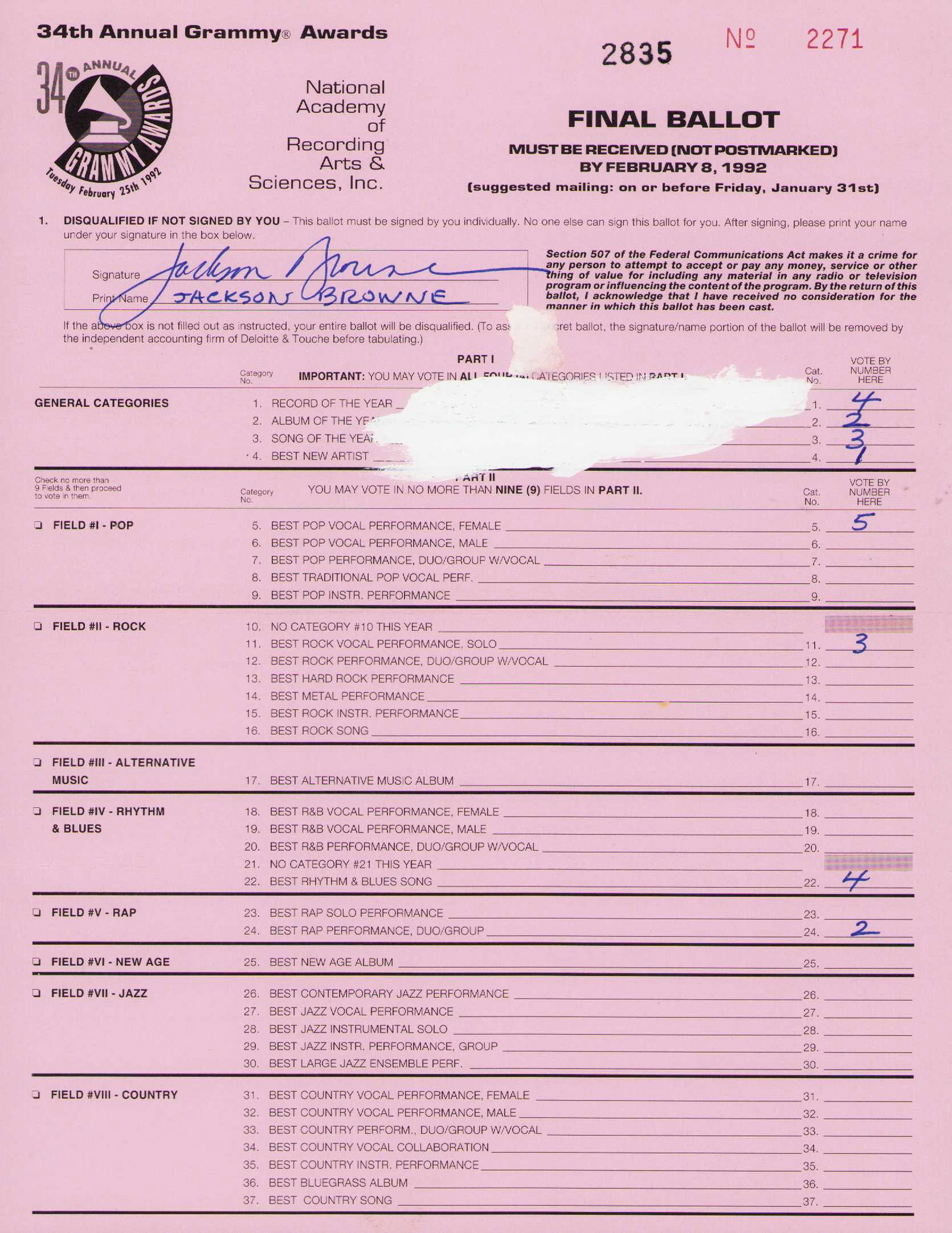 Jackson Browne signed rare Grammy Voting Ballot: Rare signer signed Grammy Voting Ballot from the 80s rare as these were almost always destroyed Certificate of AuthenticityEVERY item in this auction comes with at minimum one fully illustrated and se