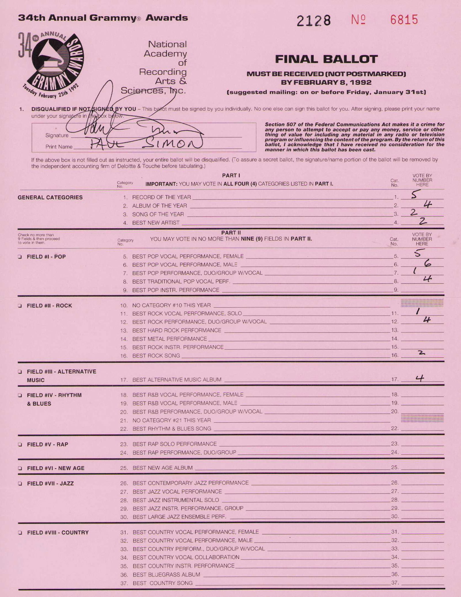Paul Simon signed rare Grammy Voting Ballot: A rare 80s Grammy Voting Ballot signed by the Simon and Garfunkle Paul Simon ! Certificate of AuthenticityEVERY item in this auction comes with at minimum one fully illustrated and serial numbered COA