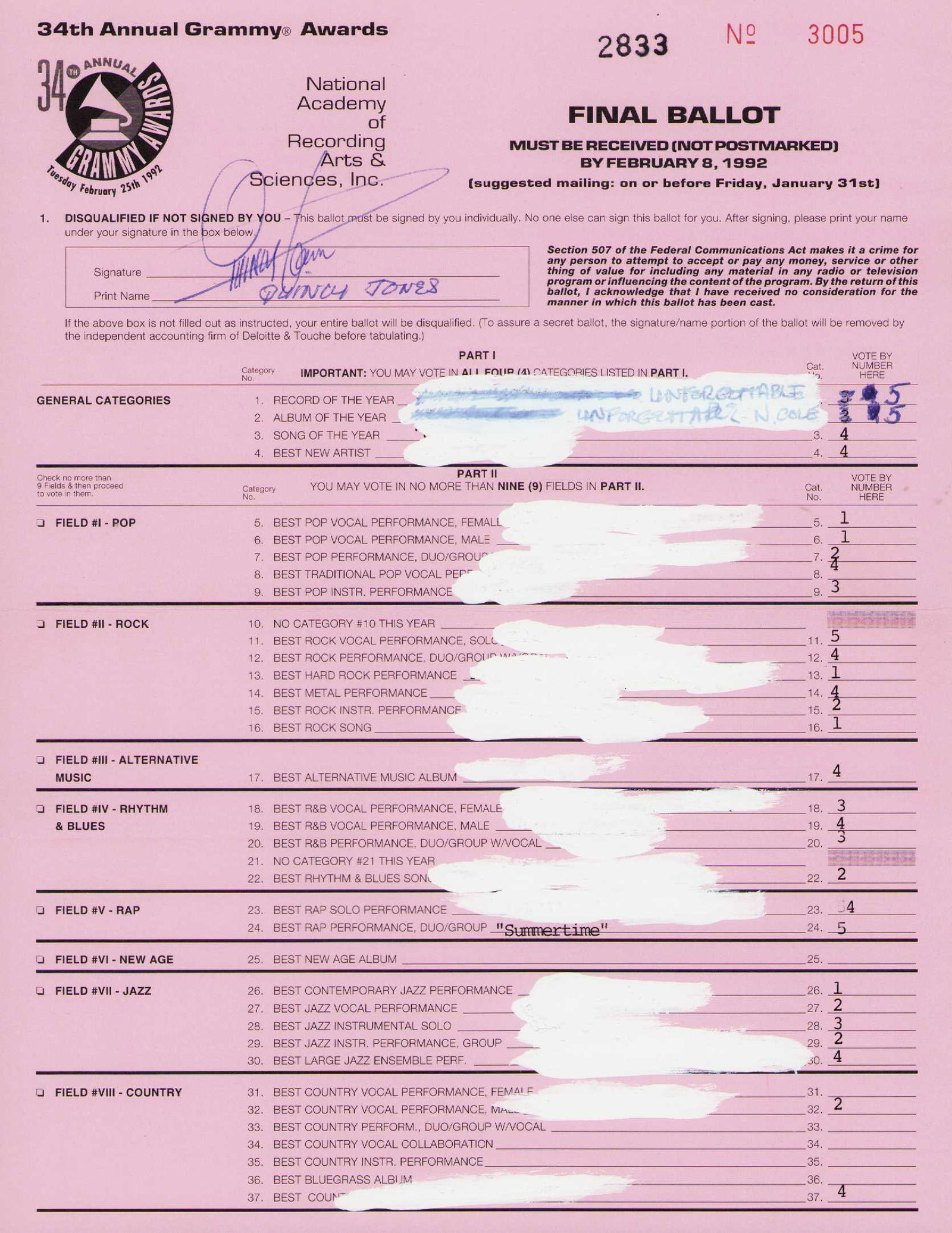 Quincy Jones signed rare Grammy Voting Ballot: Recently deceased legendary producer of We are the World Thriller SO many classics signed 80s Grammy Voting Ballot Certificate of AuthenticityEVERY item in this auction comes with at minimum one fully