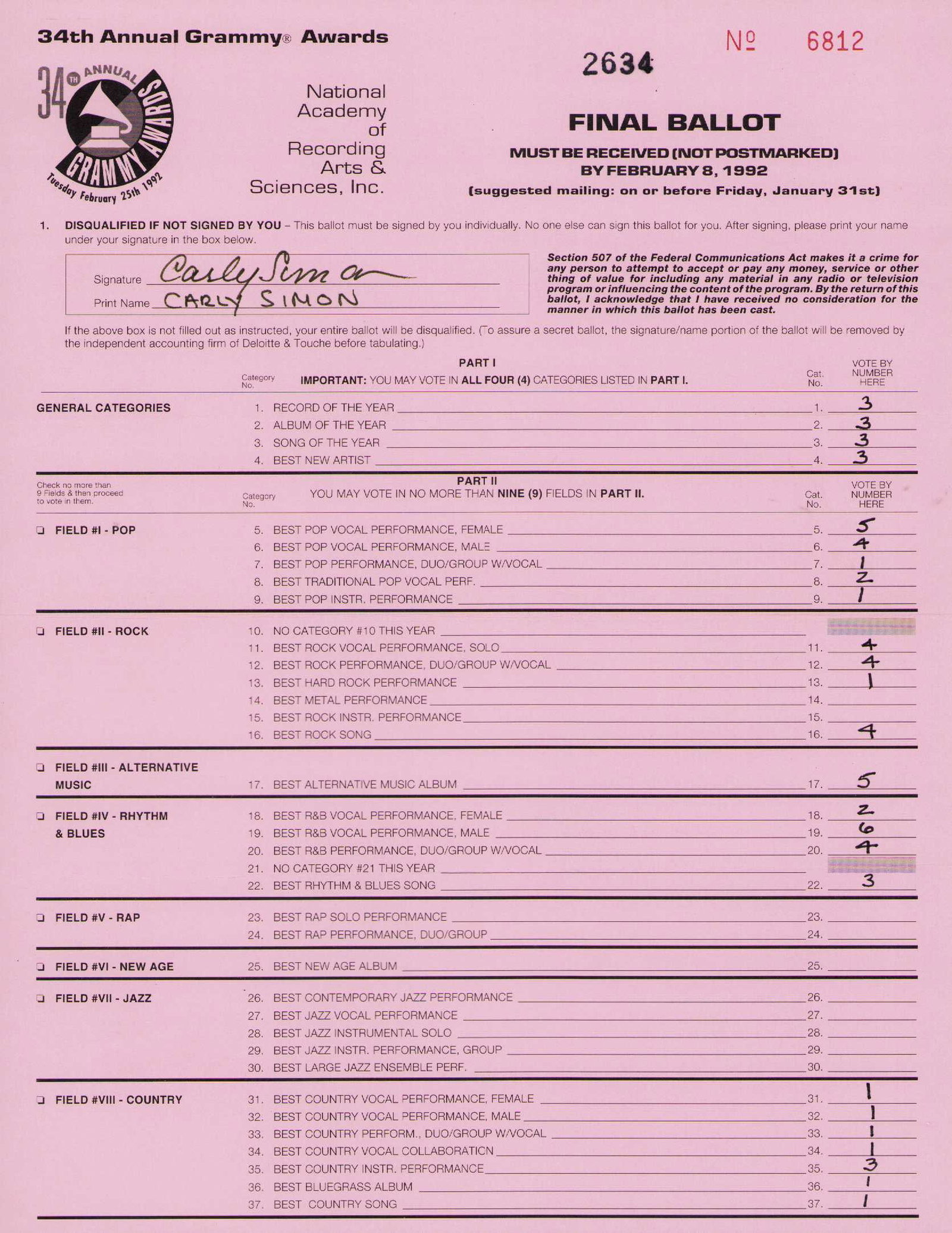 Carly Simon signed rare Grammy Voting Ballot: A rare signer and rarer secret Grammy Voting Ballot from the 80s by the You're So Vain singer Certificate of AuthenticityEVERY item in this auction comes with at minimum one fully illustrated and