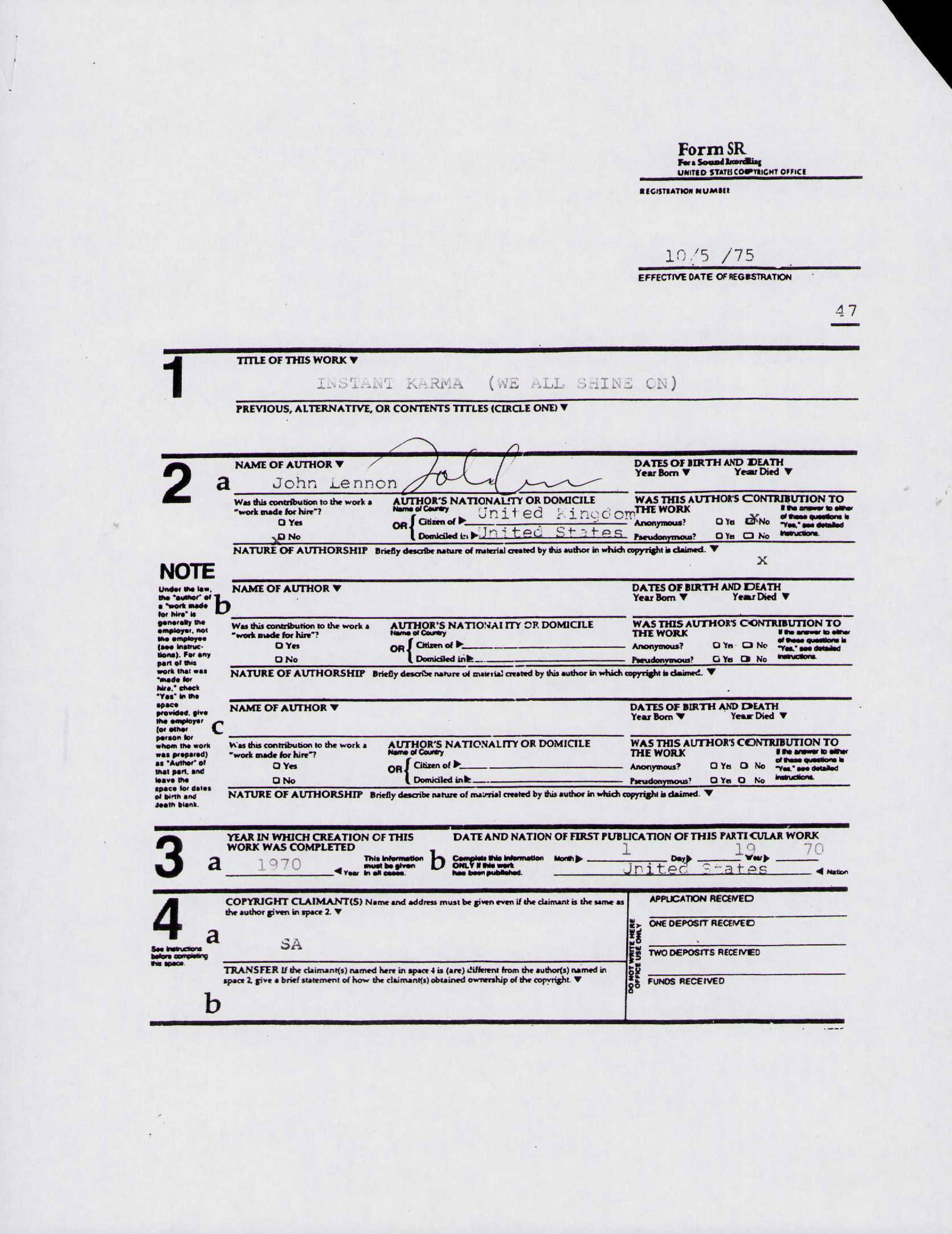 John Lennon signed contract: A RARE contract signed for publishing royaltys to his song Instant Kharma Historic item originally sold in the 90s at Odyssey Auctions Certificate of AuthenticityEVERY item in this auction comes with 