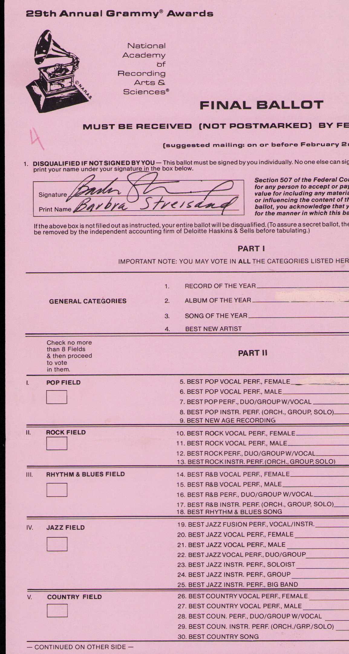 Barbra Streisand signed rare Grammy Voting Ballot: A rare secret Grammy Voting ballot by Babs signed by her in the 80s cut in half to prepare to be shredded this one made it to the trash where it was retrieved ! Certificate of AuthenticityEVERY item