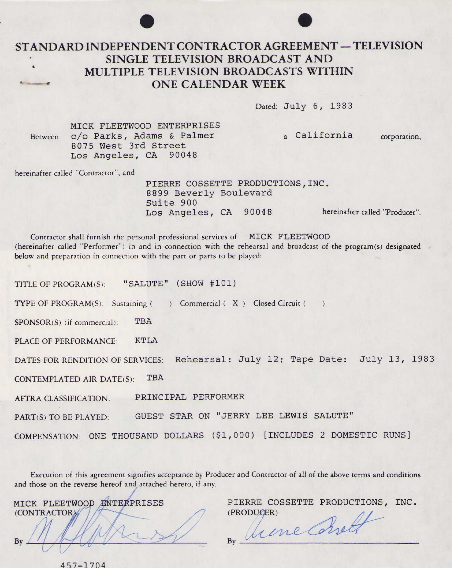 Mick Fleetwood signed contract: A rare signed contract by the leading founder of the group that bears his name Fleetwood Mac Certificate of AuthenticityEVERY item in this auction comes with at minimum one fully illustrated and seria