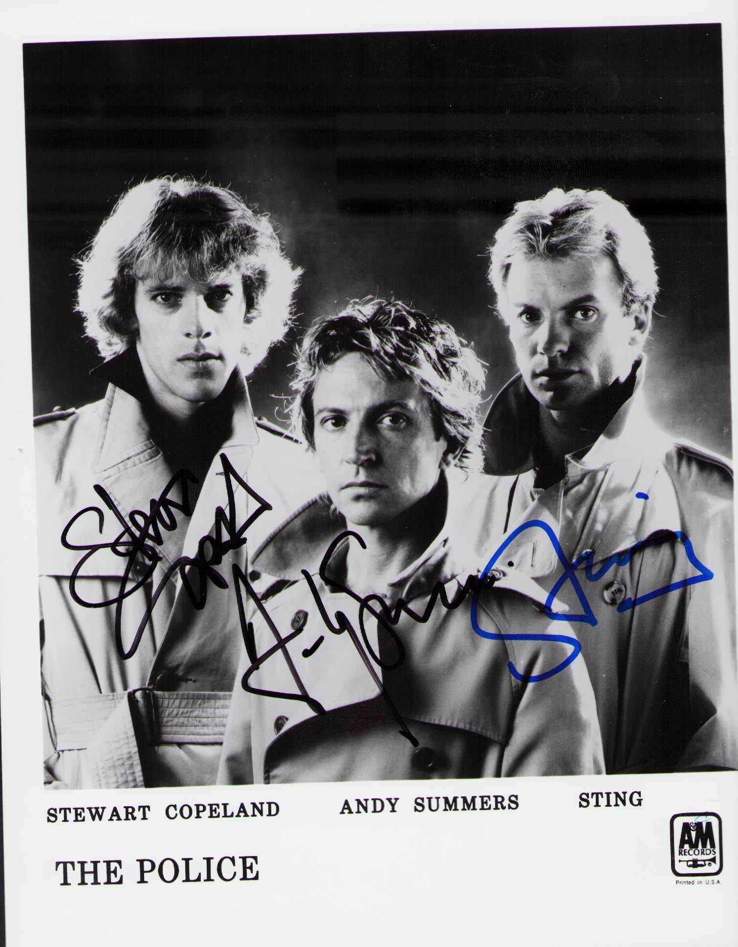The Police signed photograph: A signed 8x10 by the entire group STING Stewart Copeland and Andy Summers Certificate of AuthenticityEVERY item in this auction comes with at minimum one fully illustrated and serial numbered COA
