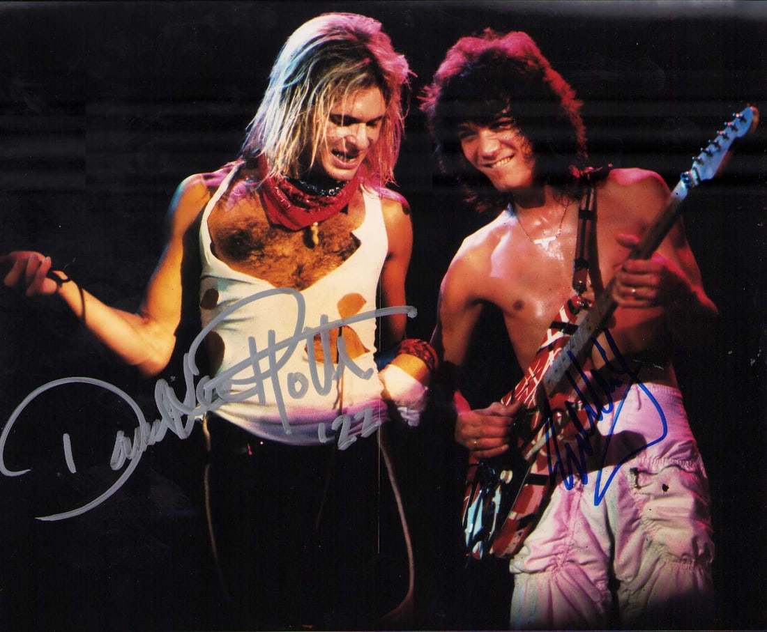 Eddie Van Halen and David Lee Roth Van Halen signed photograph: A scarce eddie (deceased) and David Lee Roth signed Van Halen 8x10 photograph Certificate of AuthenticityEVERY item in this auction comes with at minimum one fully illustrated and serial numbered COA 