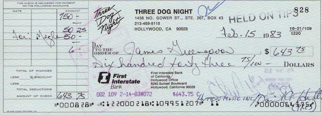 Three Dog Night signed bank check: A rare bank check signed by the band members Chuck Negron and Danny Hutton Certificate of AuthenticityEVERY item in this auction comes with at minimum one fully illustrated and serial numbered COA