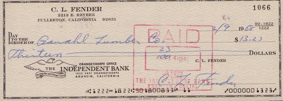 Fender signed bank check: CL Fender the founder and creator of Fender Guitars signed 60s bank check rare at height of Rock N Rolls emergence Certificate of AuthenticityEVERY item in this auction comes with at minimum one fully