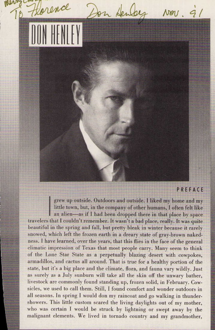 Don Henley Eagles rare signed page: A nice page from a book signed by the rare lead singer of the EAGLES Certificate of AuthenticityEVERY item in this auction comes with at minimum one fully illustrated and serial numbered COA signed