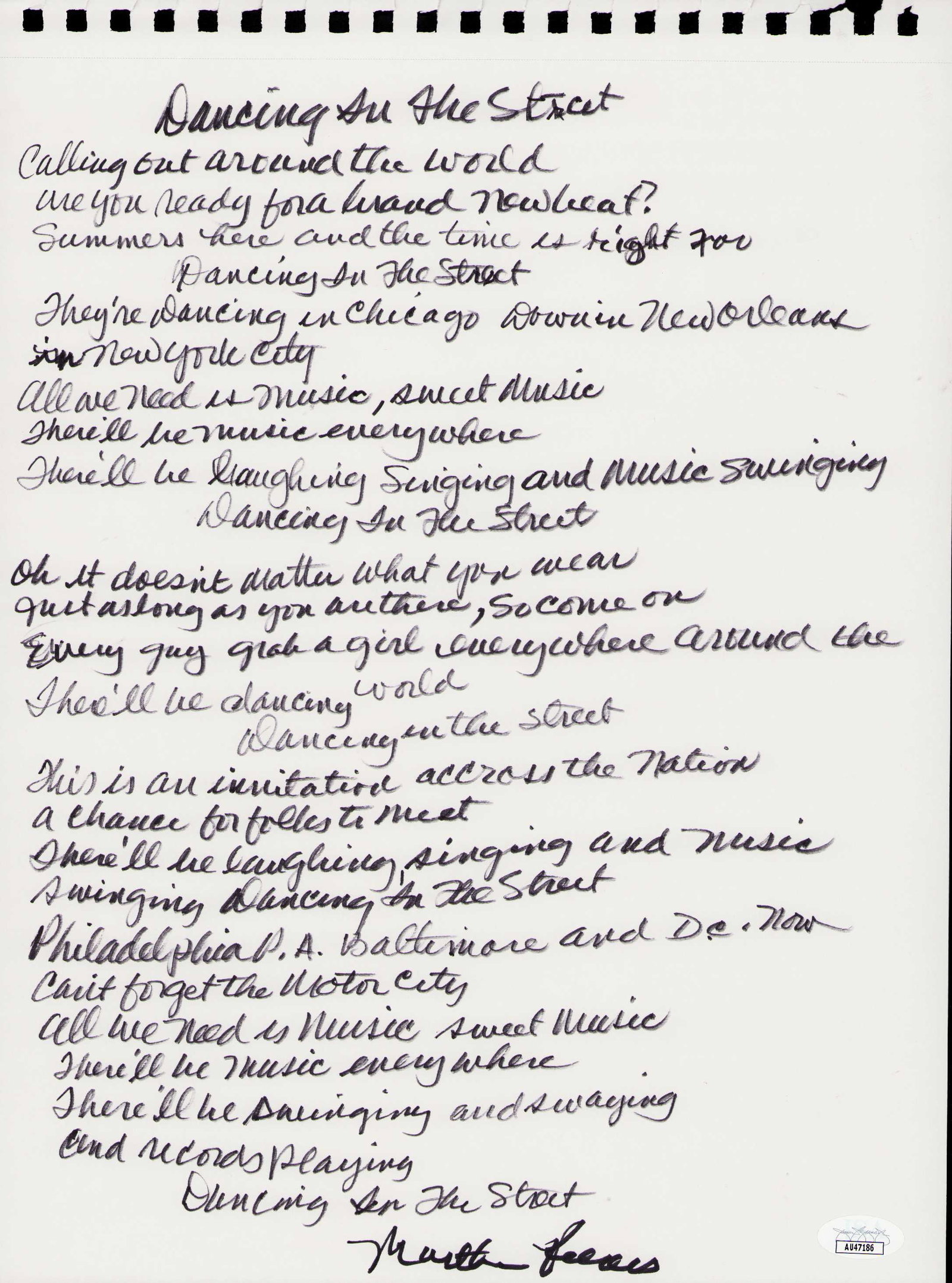 Martha Reeves rare handwritten lyrics JSA: Martha Reeves handwritten lyrics one of ten to the classic Dancing in the Streets JSA stickered Certificate of AuthenticityEVERY item in this auction comes with at minimum one fully illustrated and se