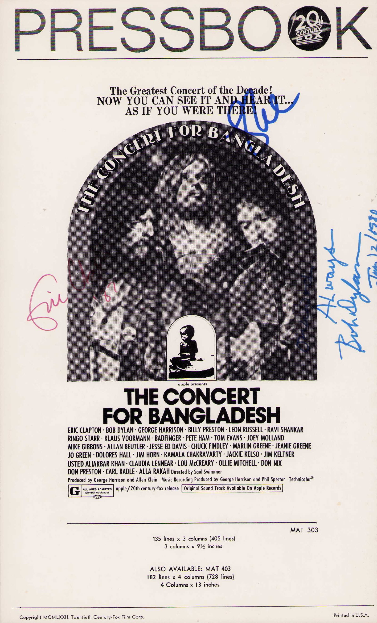 Concert for Bangladesh rare pressbook signed by legends: A rare pressbook for film about the famous concert signed decades ago by Eric Clapton Leon Russell and the RARE BOB DYLAN with inscription ! Certificate of AuthenticityEVERY item in this auction