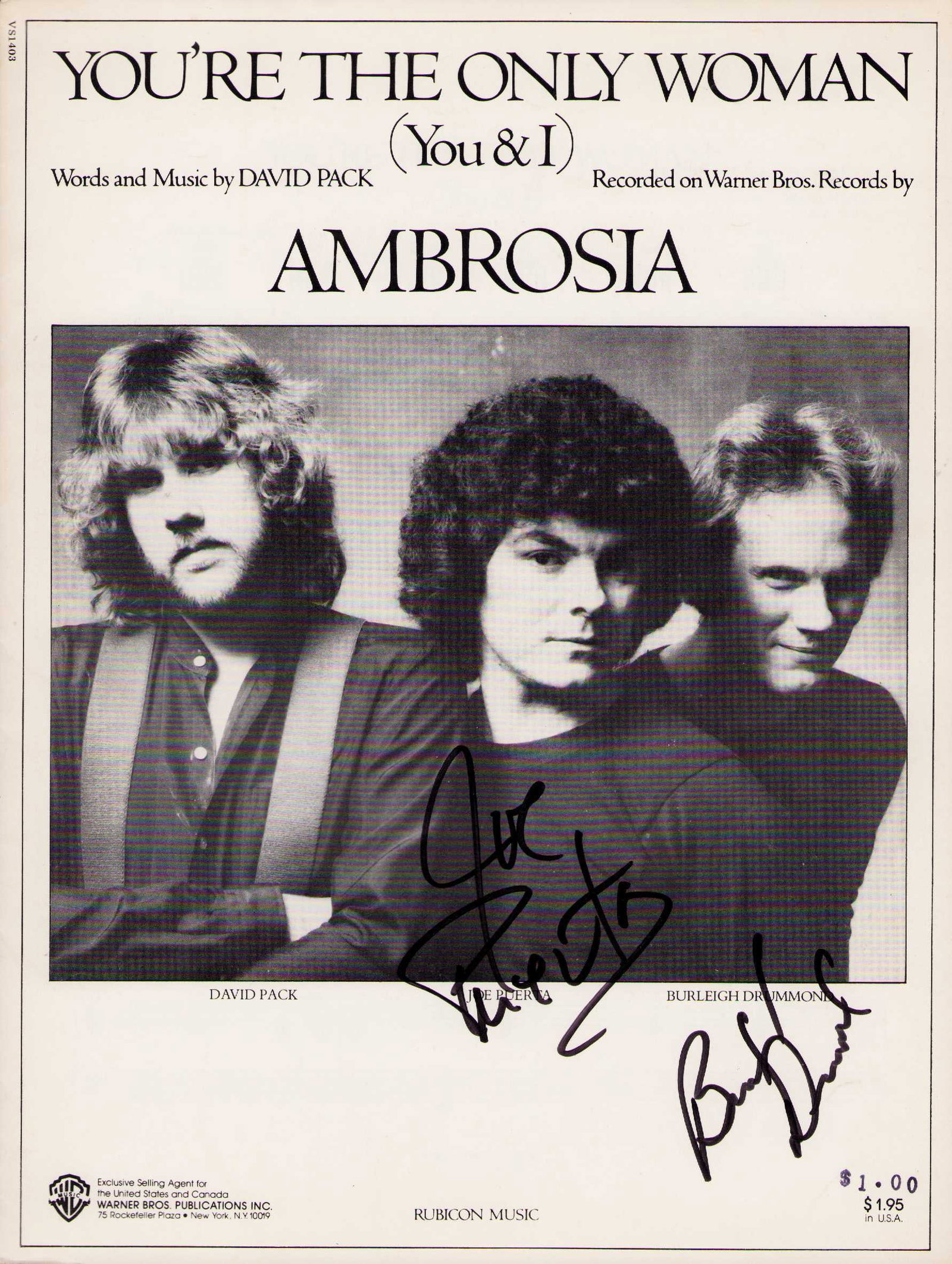 Ambrosia signed sheet music: Signed sheet music by the famed 80s band Certificate of AuthenticityEVERY item in this auction comes with at minimum one fully illustrated and serial numbered COA signed by the leading authenticator i